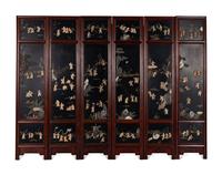 A Chinese Bone and Hardstone Inset Six-Panel Floor Screen