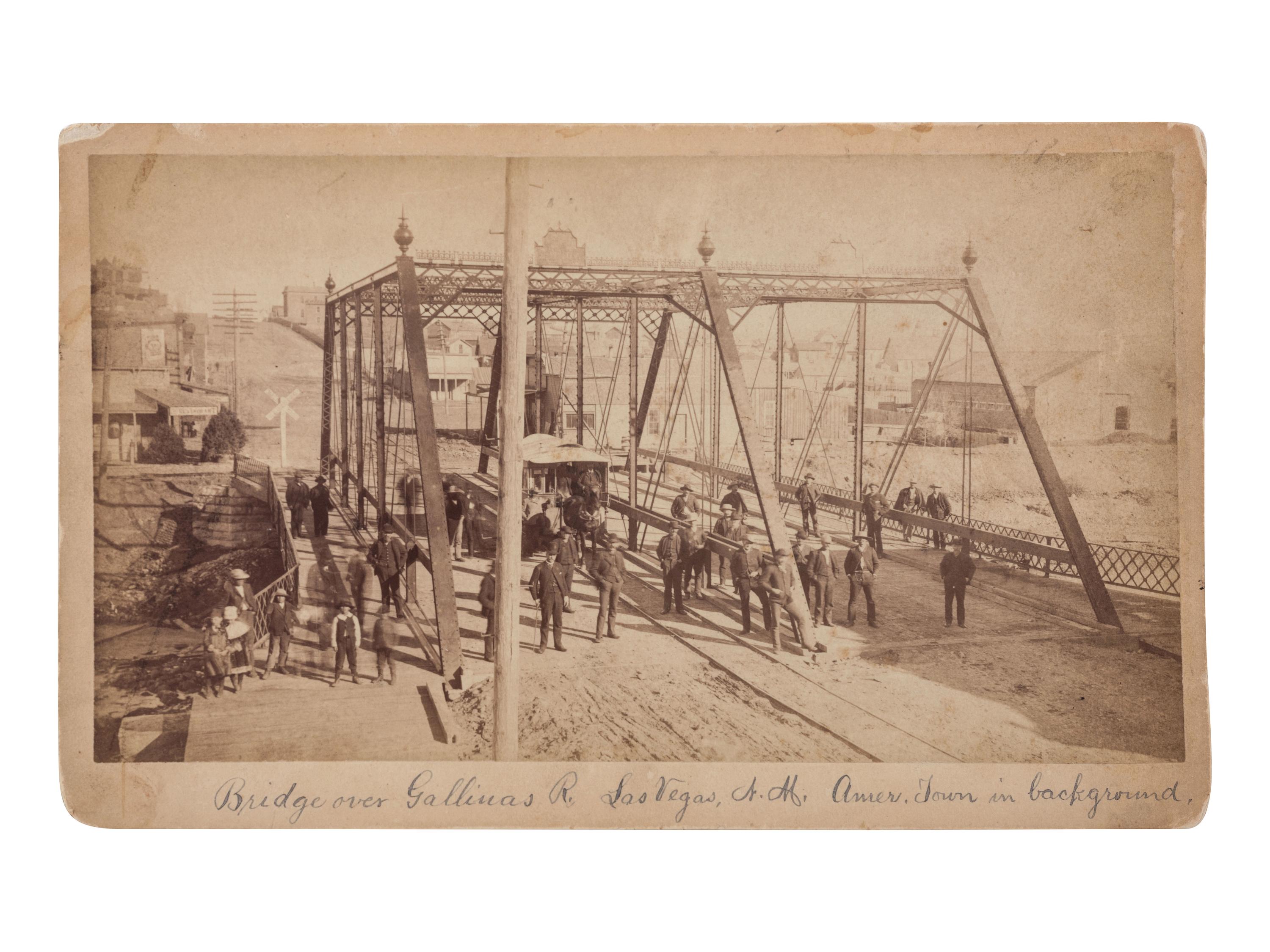 [NEW MEXICO]. Bridge over Gallinas R. Las Vegas, N. M. Amer. Town in background. N.p., n.p., ca. 1890.