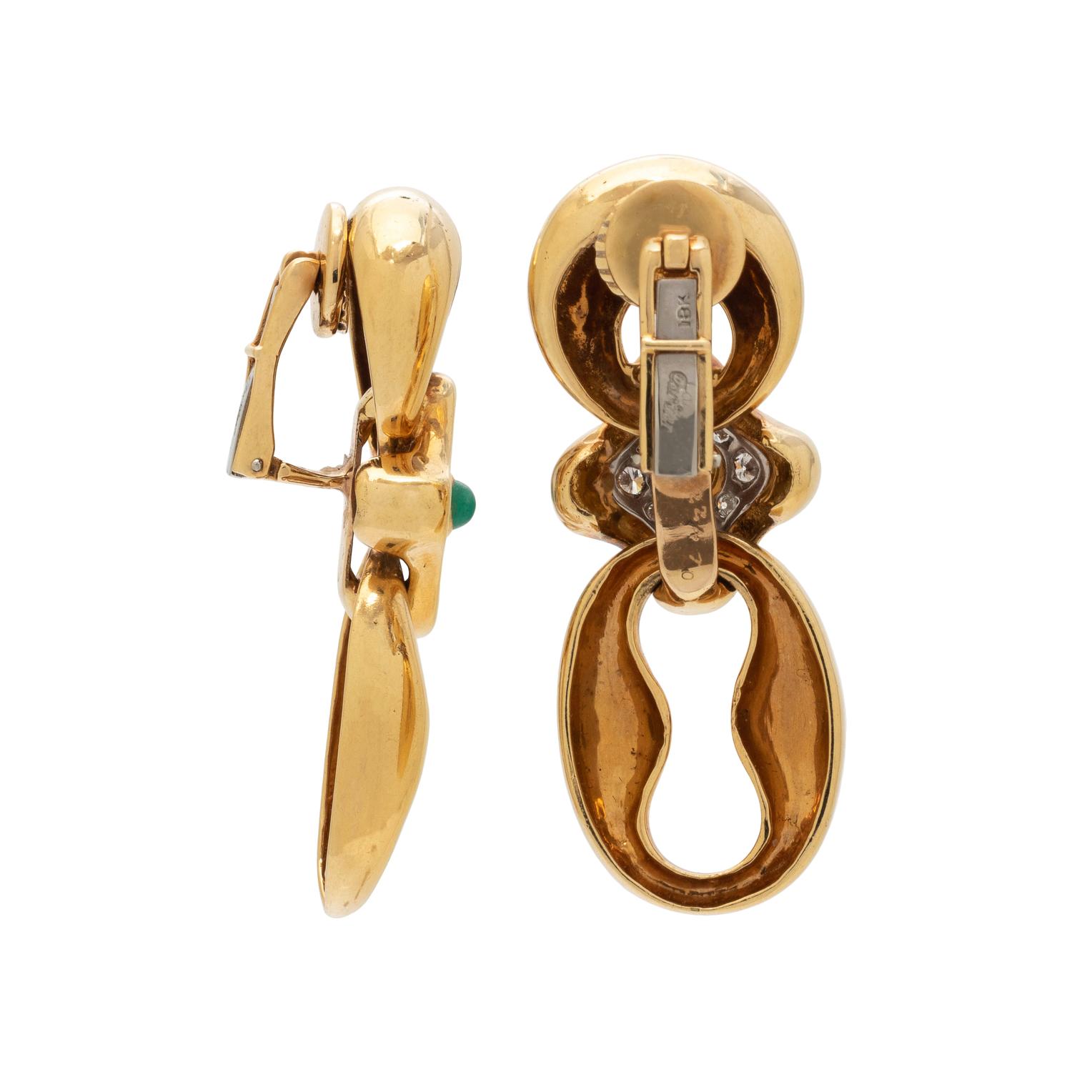 CARTIER, YELLOW GOLD, EMERALD AND DIAMOND EARCLIPS