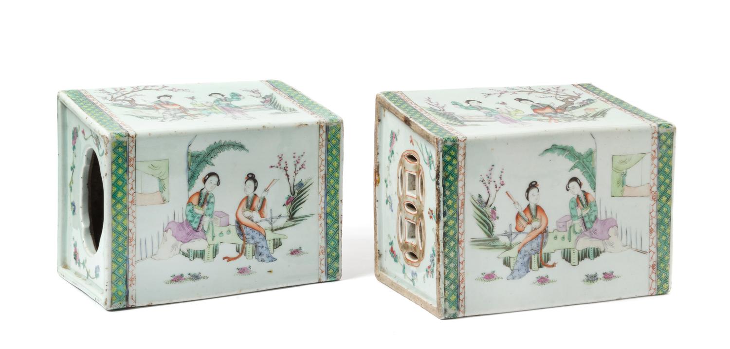 A Pair of Chinese Famille Rose Porcelain Pillows LATE QING DYNASTY, 19TH CENTURY Height 7 x width 9 1/4 inches. — LATE QING DYNASTY, 19TH CENTURY