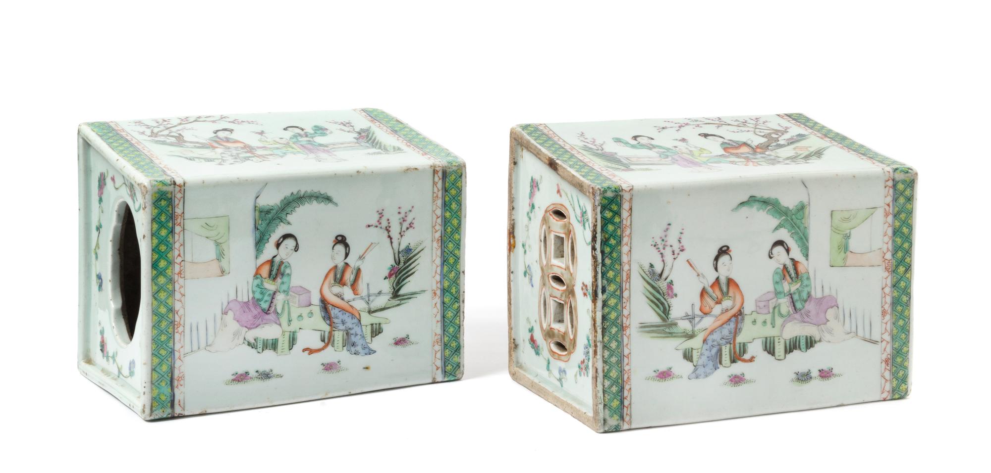 A Pair of Chinese Famille Rose Porcelain Pillows LATE QING DYNASTY, 19TH CENTURY Height 7 x width 9 1/4 inches. — LATE QING DYNASTY, 19TH CENTURY