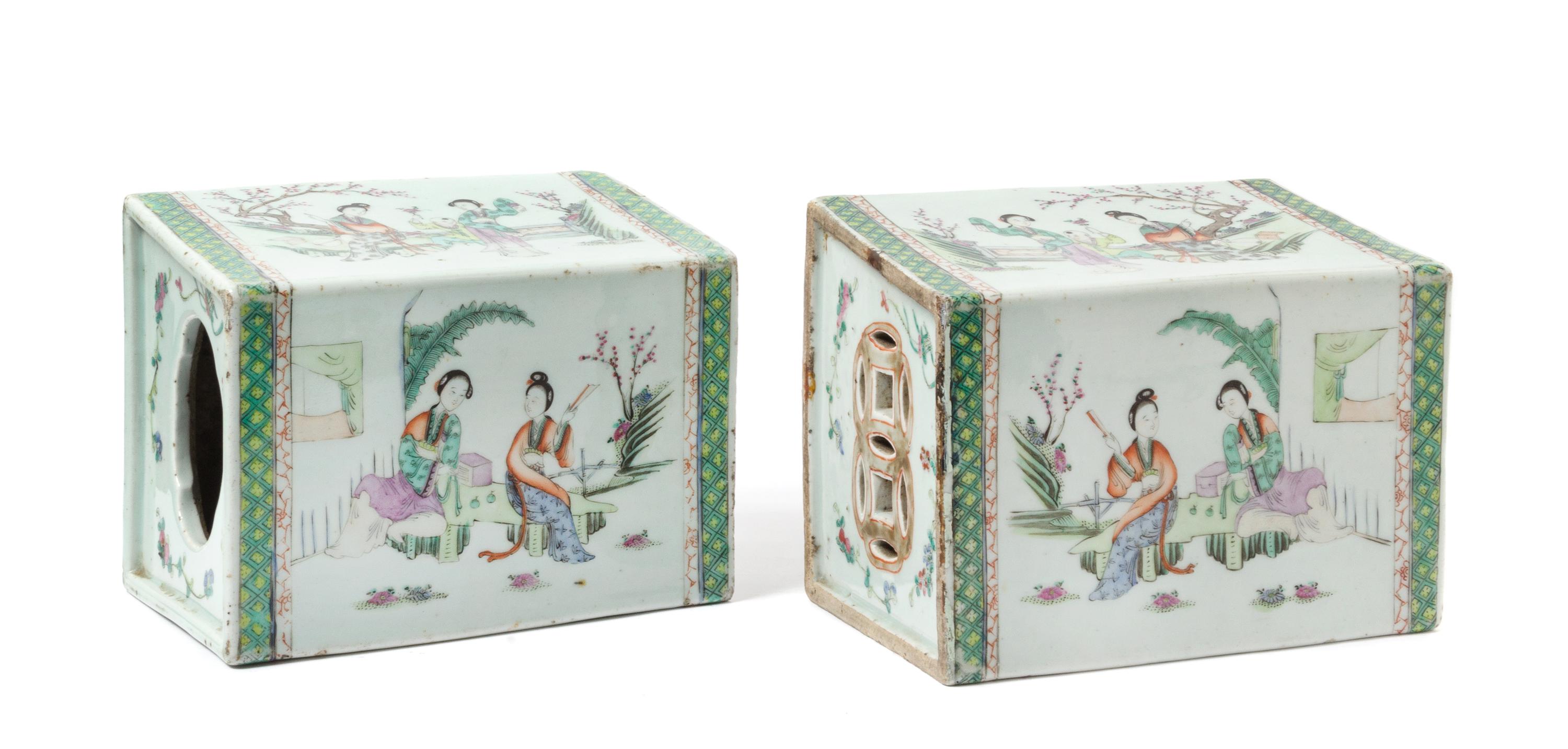 A Pair of Chinese Famille Rose Porcelain Pillows LATE QING DYNASTY, 19TH CENTURY Height 7 x width 9 1/4 inches. — LATE QING DYNASTY, 19TH CENTURY