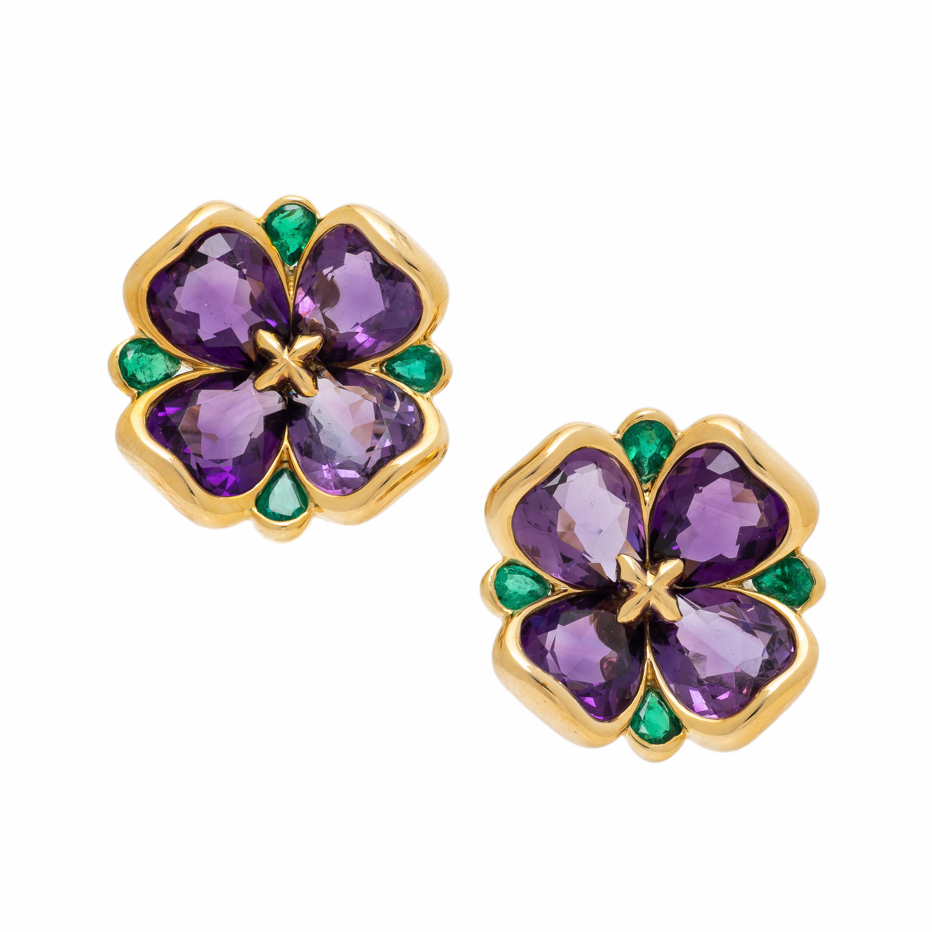 Chanel, Amethyst, Emerald, and Yellow Gold Clover Earrings