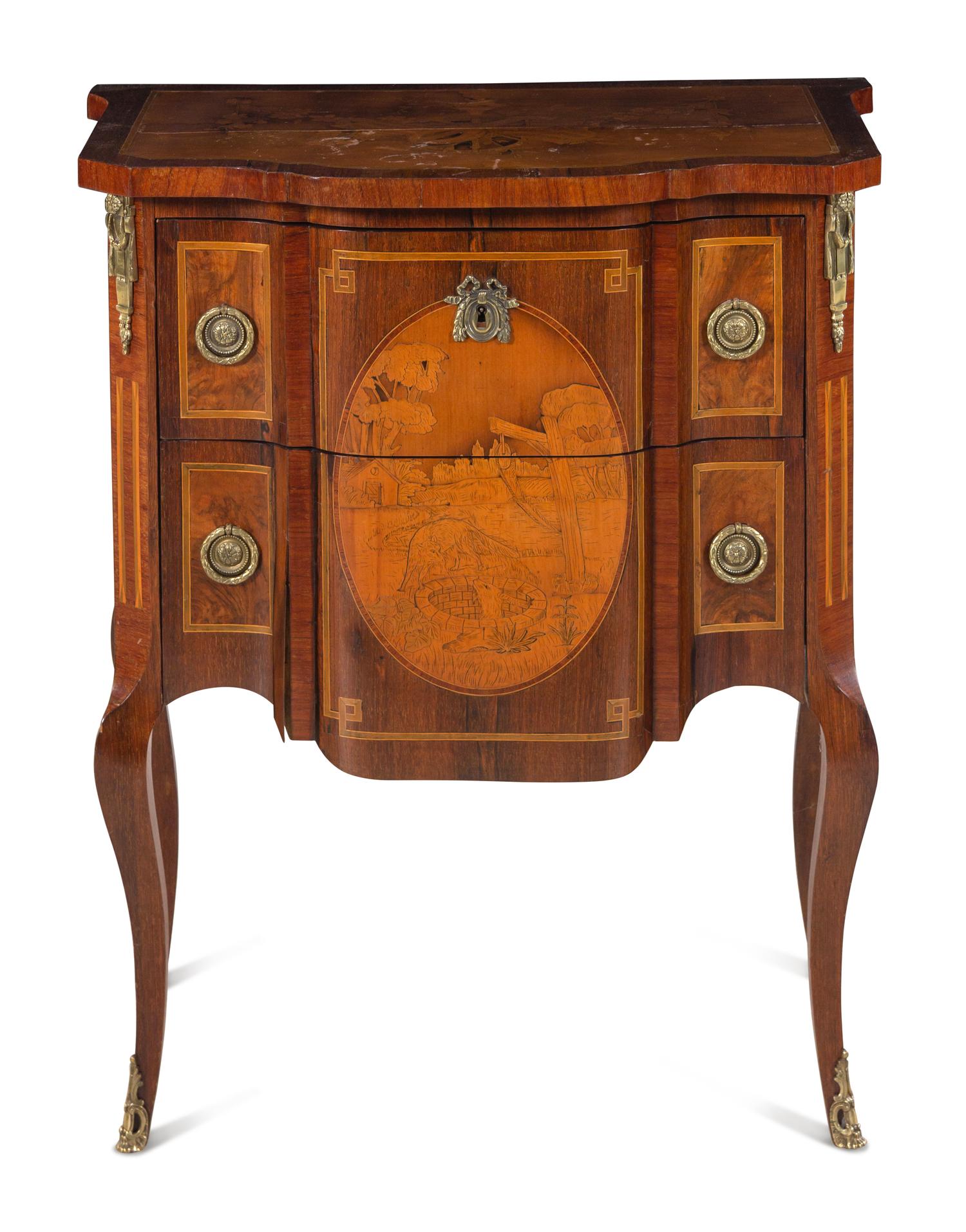 A Louis XV/XVI Transitional Style Marquetry Chest of Drawers