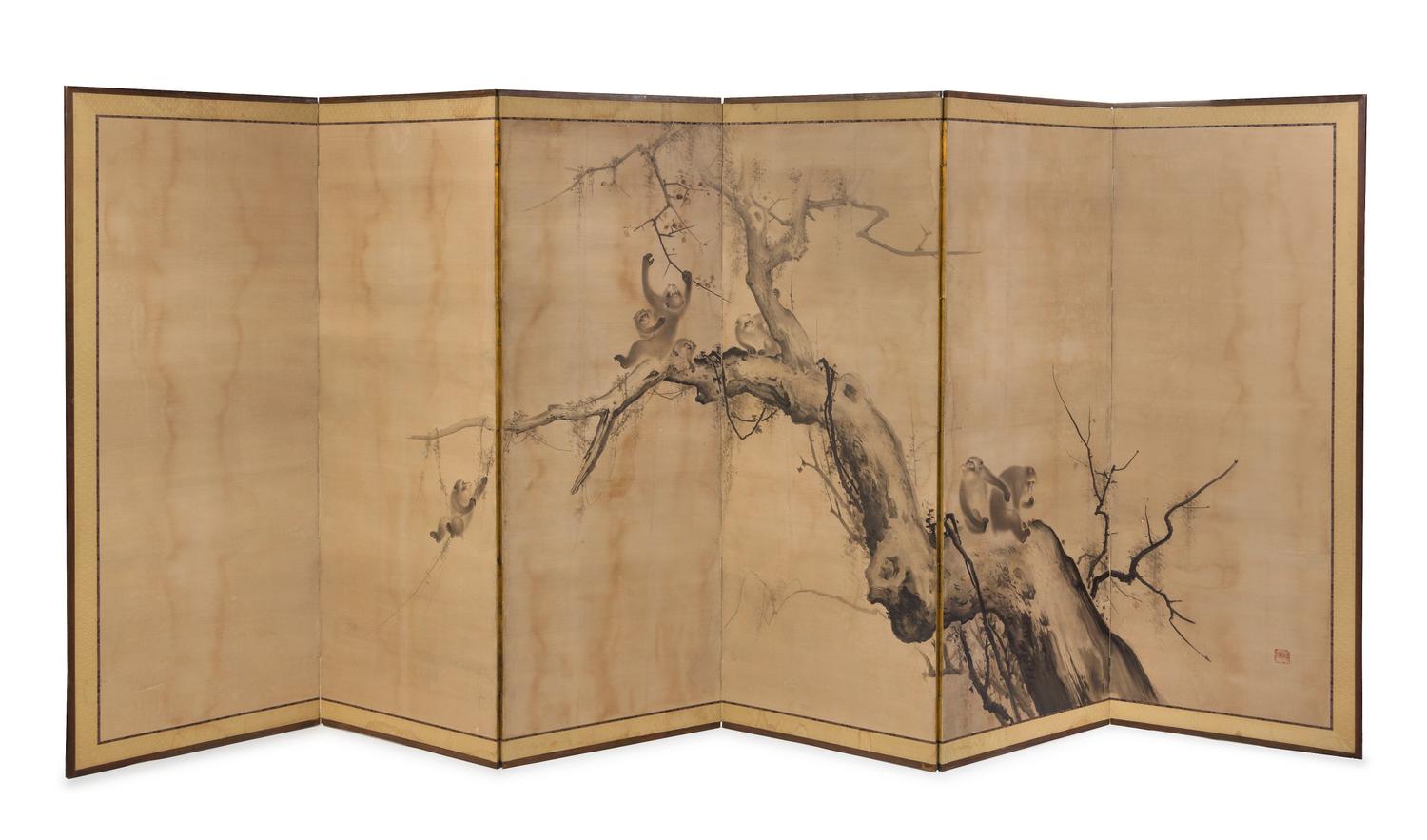 A Japanese Six-Panel Folding Screen AFTER MORI SOSEN, 19TH CENTURY Height of each panel 68 x width 25 1/4 inches. — AFTER MORI SOSEN, 19TH CENTURY