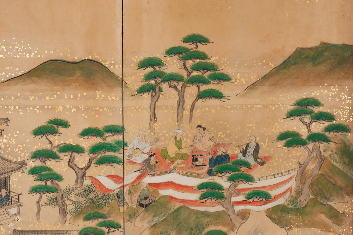 A Japanese Painted Paper Six-Panel Floor Screen