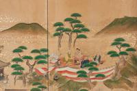 A Japanese Painted Paper Six-Panel Floor Screen