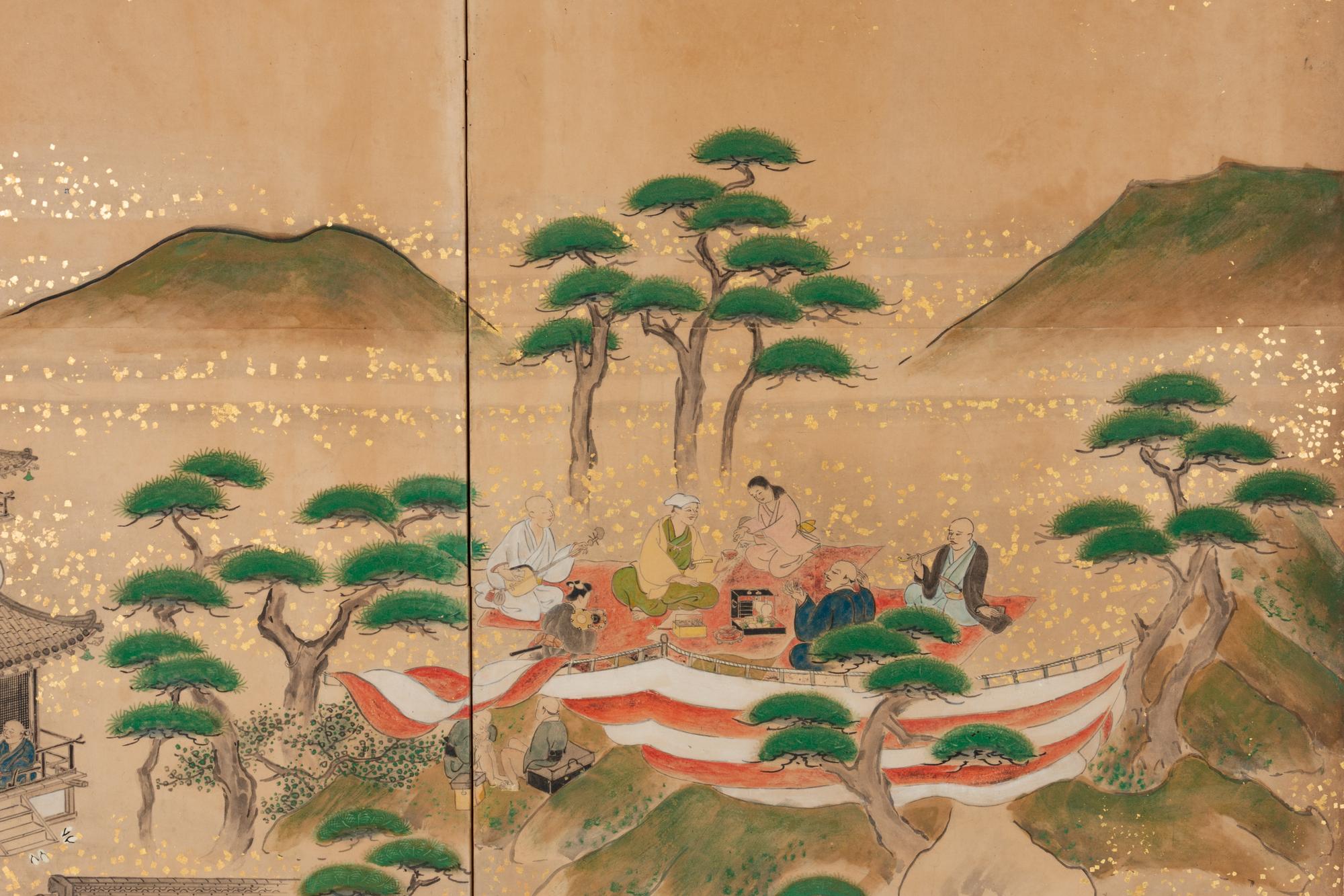 A Japanese Painted Paper Six-Panel Floor Screen