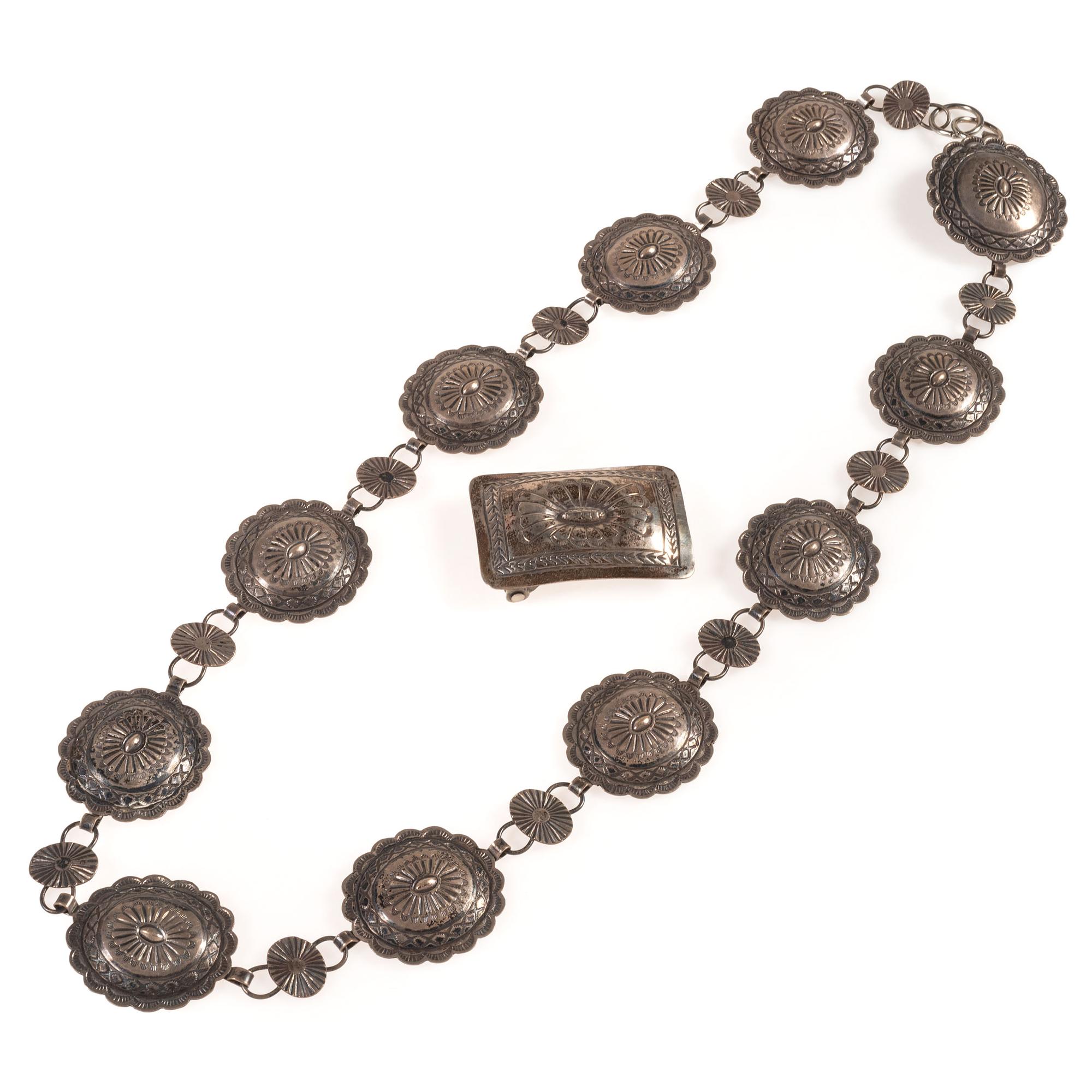 Navajo Stamped Silver Link Concha Belt and Belt Buckle