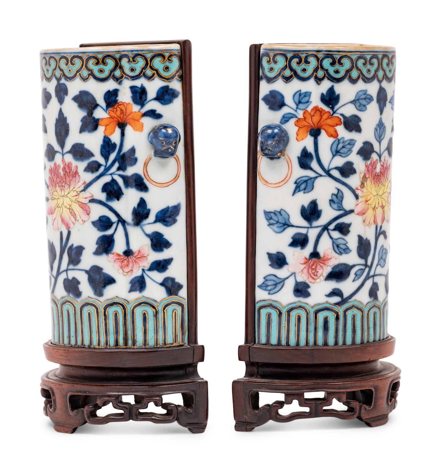 A Pair of Famille Rose and Underglaze Blue Porcelain Wall Vases