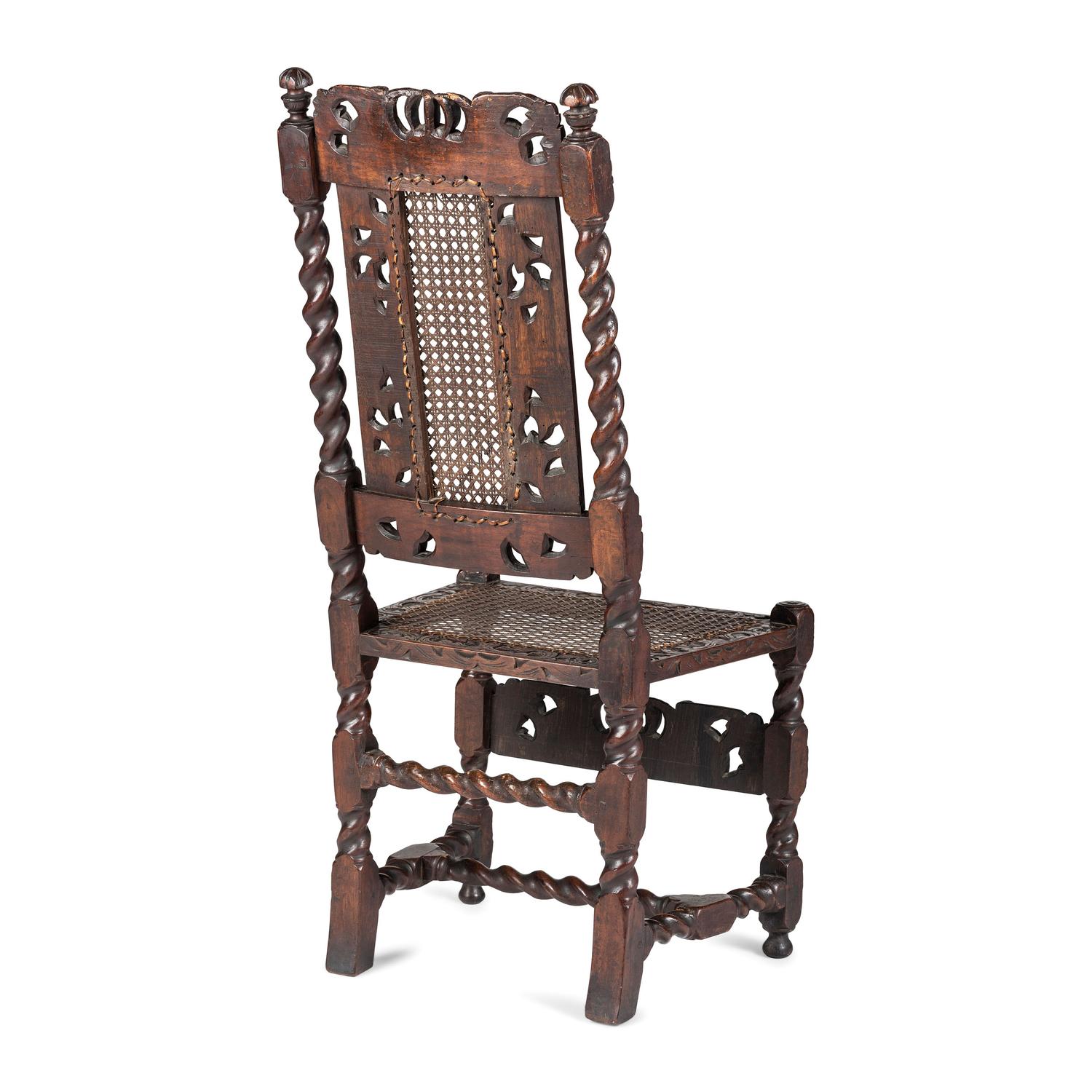 A William and Mary Crown-and-Flower Carved Oak and Cane Upholstered Side Chair