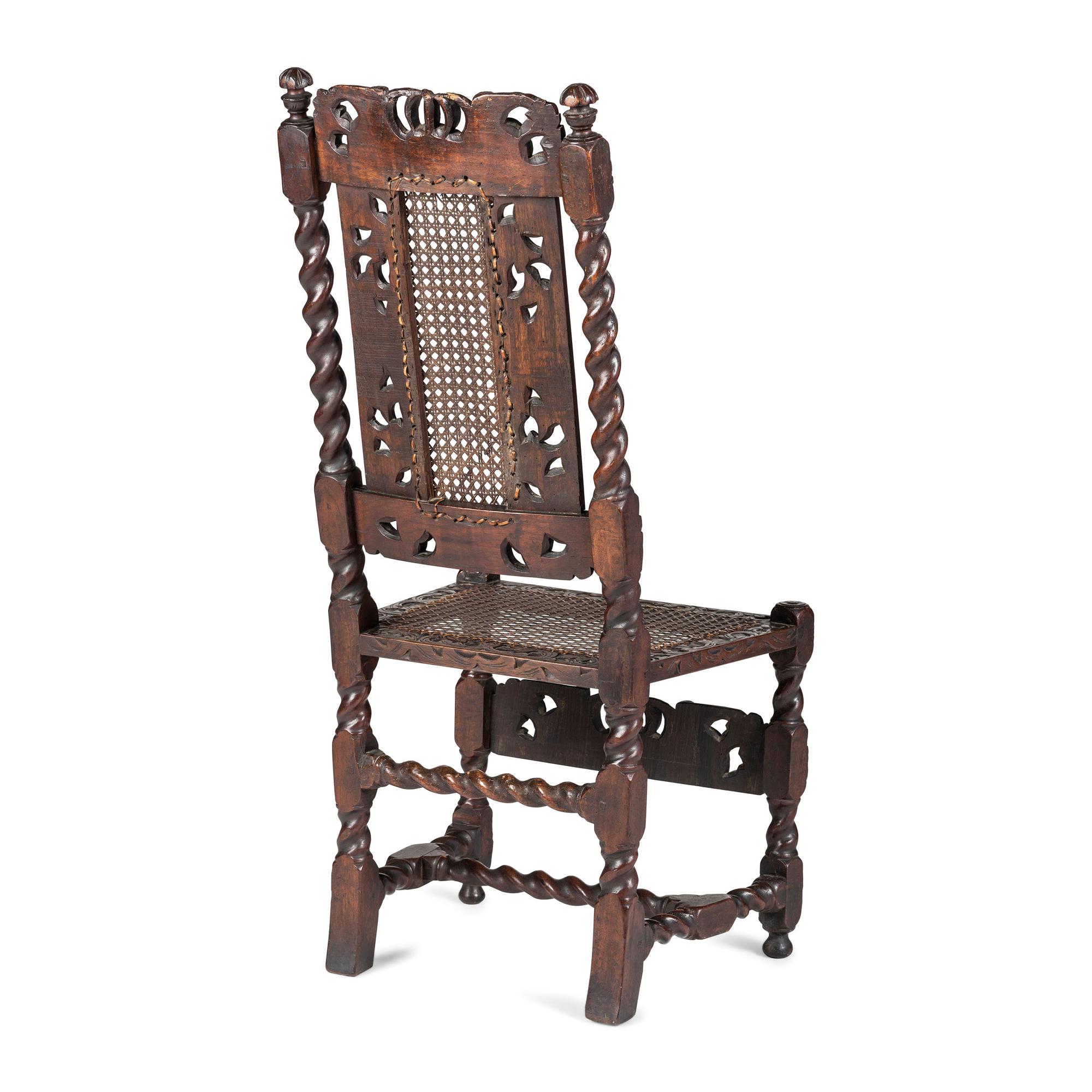 A William and Mary Crown-and-Flower Carved Oak and Cane Upholstered Side Chair