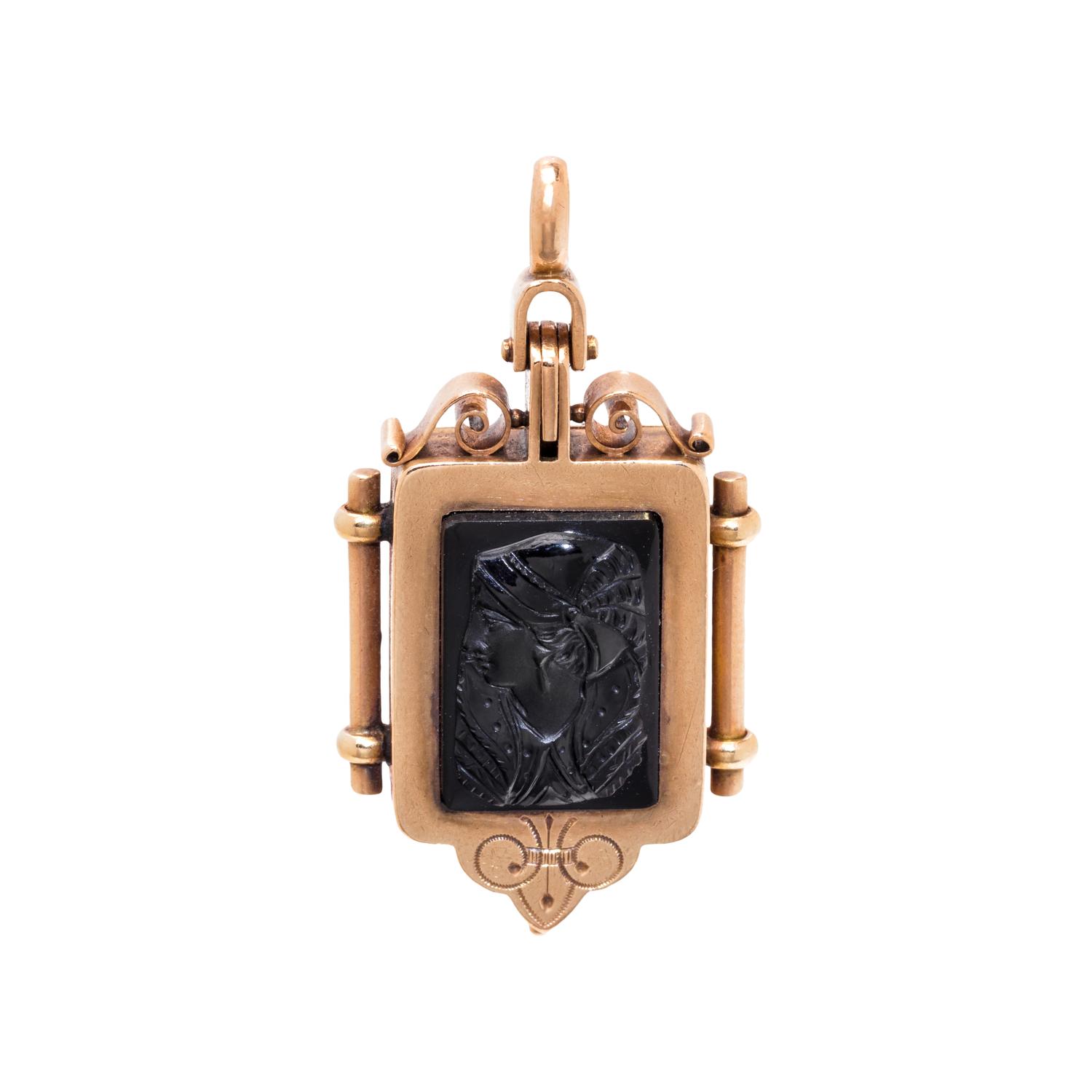 VICTORIAN, ROSE GOLD AND ONYX CAMEO PENDANT