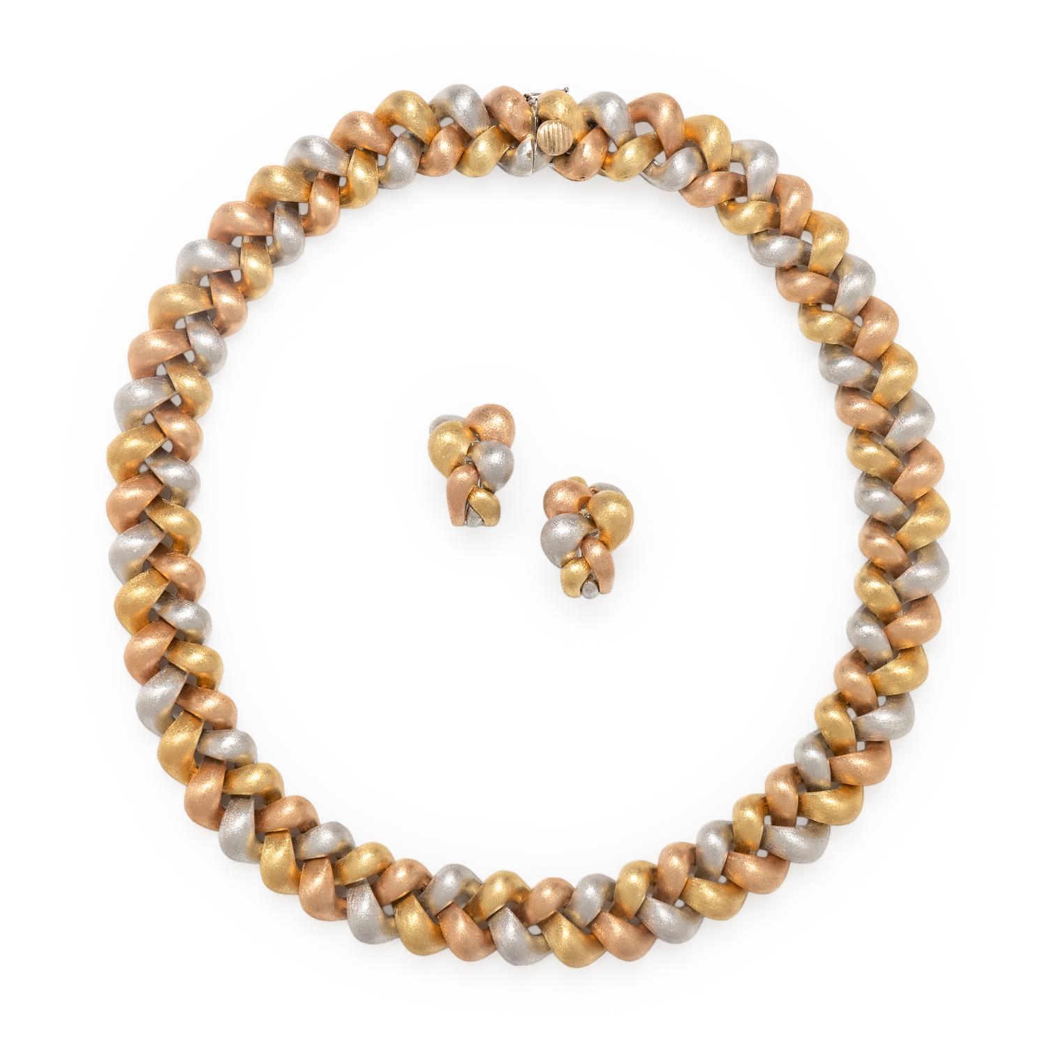 CRAIG DRAKE, TRICOLOR GOLD 'PEANUT' EARRINGS AND NECKLACE