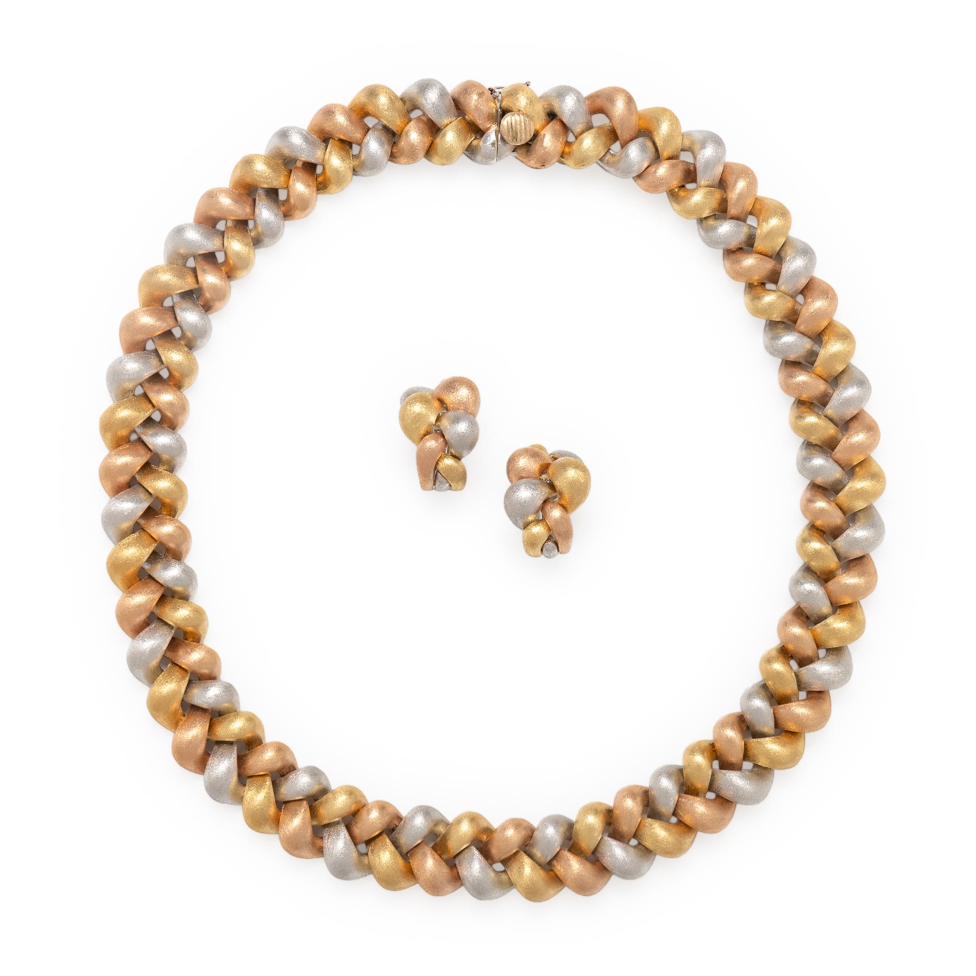 CRAIG DRAKE, TRICOLOR GOLD 'PEANUT' EARRINGS AND NECKLACE