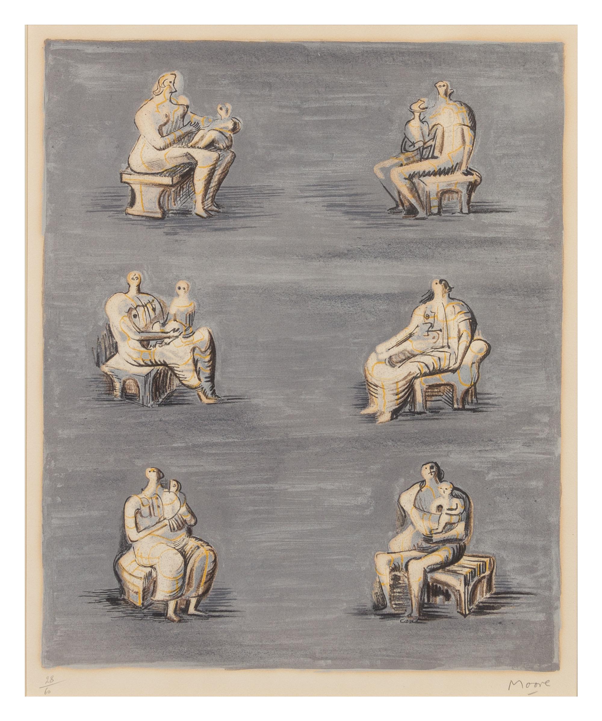 Henry Moore, (British, 1898-1986), Studies for Sculpture on Blue Grey Background, 1957