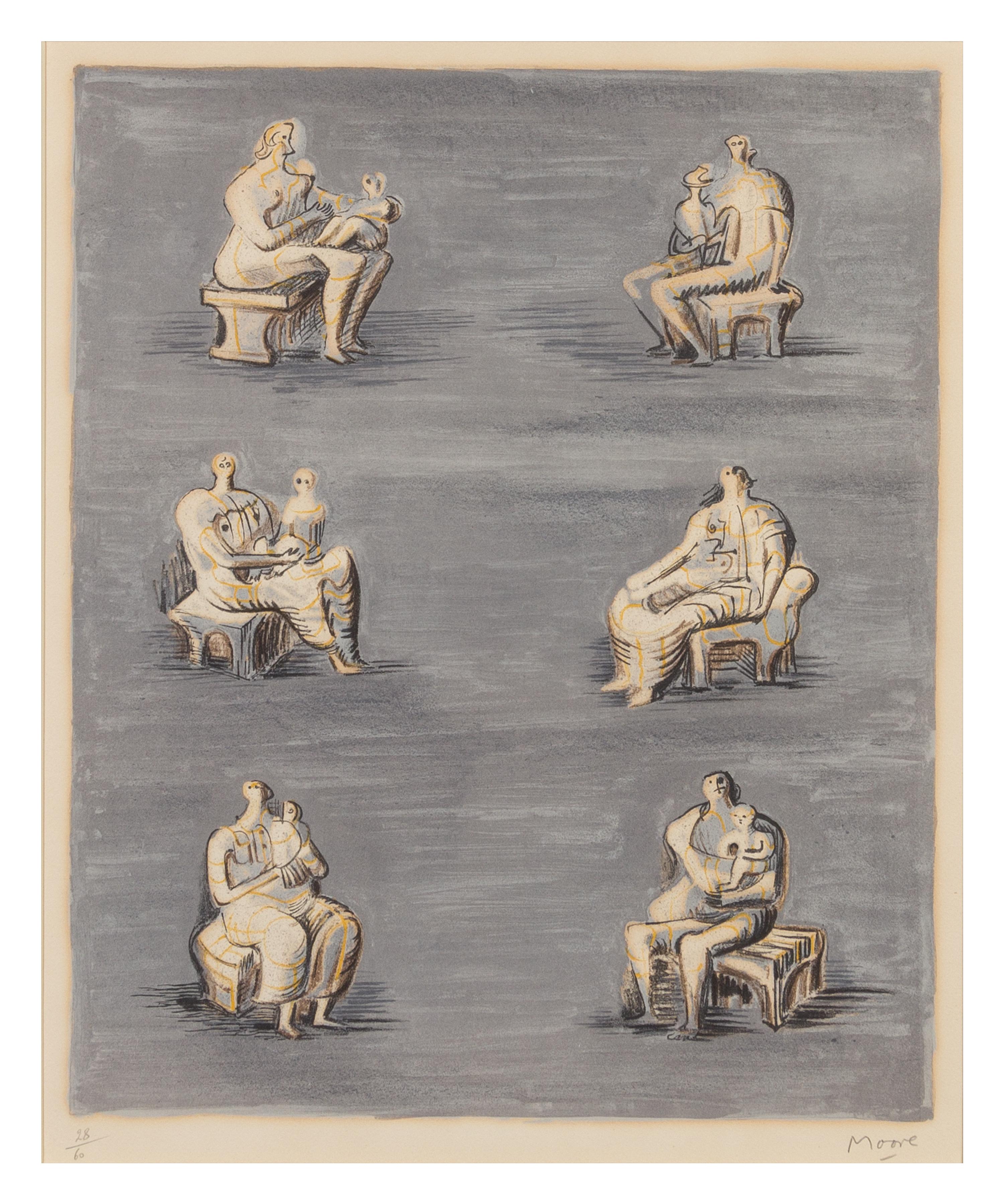 Henry Moore, (British, 1898-1986), Studies for Sculpture on Blue Grey Background, 1957