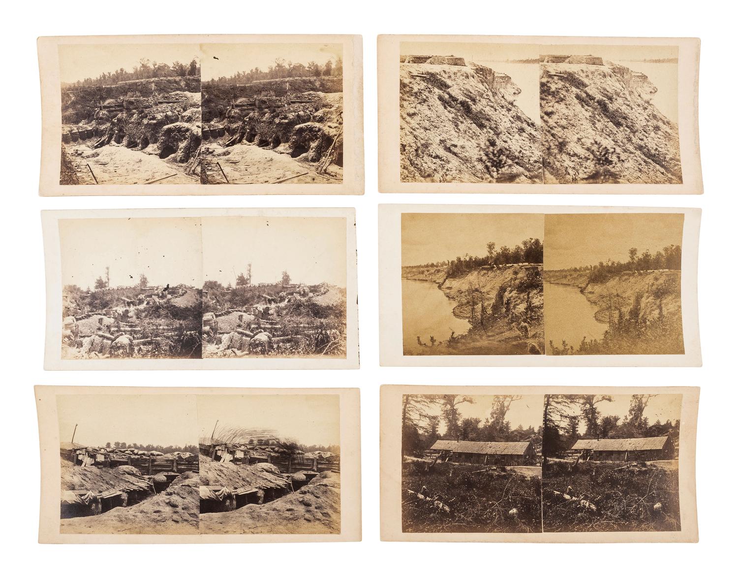 [CIVIL WAR]. A group of 6 stereoviews of Port Hudson, Louisiana, after the siege, incl. Confederate fortifications, "rat holes," and other structures. [Baton Rouge, LA]: [McPherson & Oliver], ca 1863-1864.