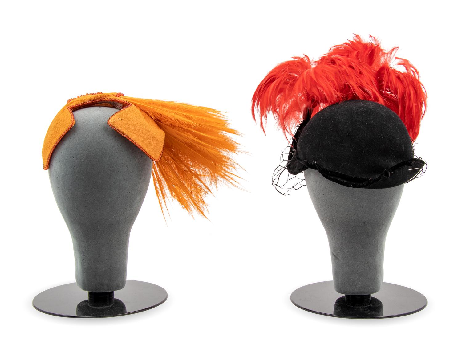 Two Bes-Ben Hats with Feathers; One Red, One Orange, 1940s-1950s