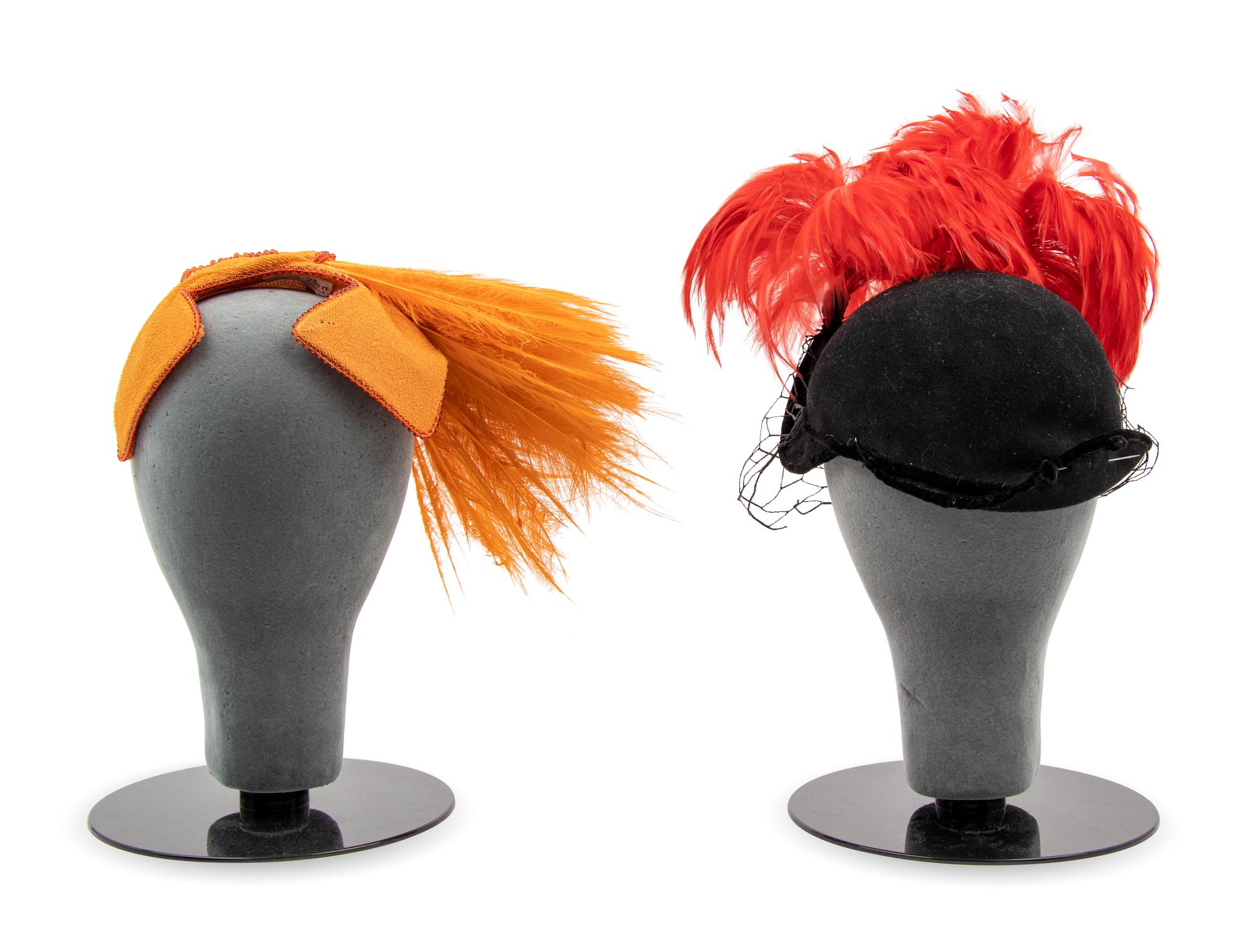 Two Bes-Ben Hats with Feathers; One Red, One Orange, 1940s-1950s