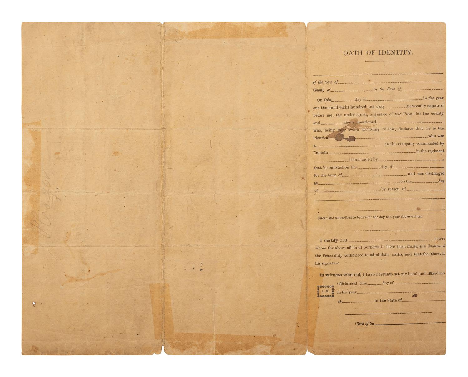 [CIVIL WAR]. Partly printed discharge document for Private. Philip Pledger, Company B, 20th Regiment United States Colored Troops. New Orleans, 1 June 1865.
