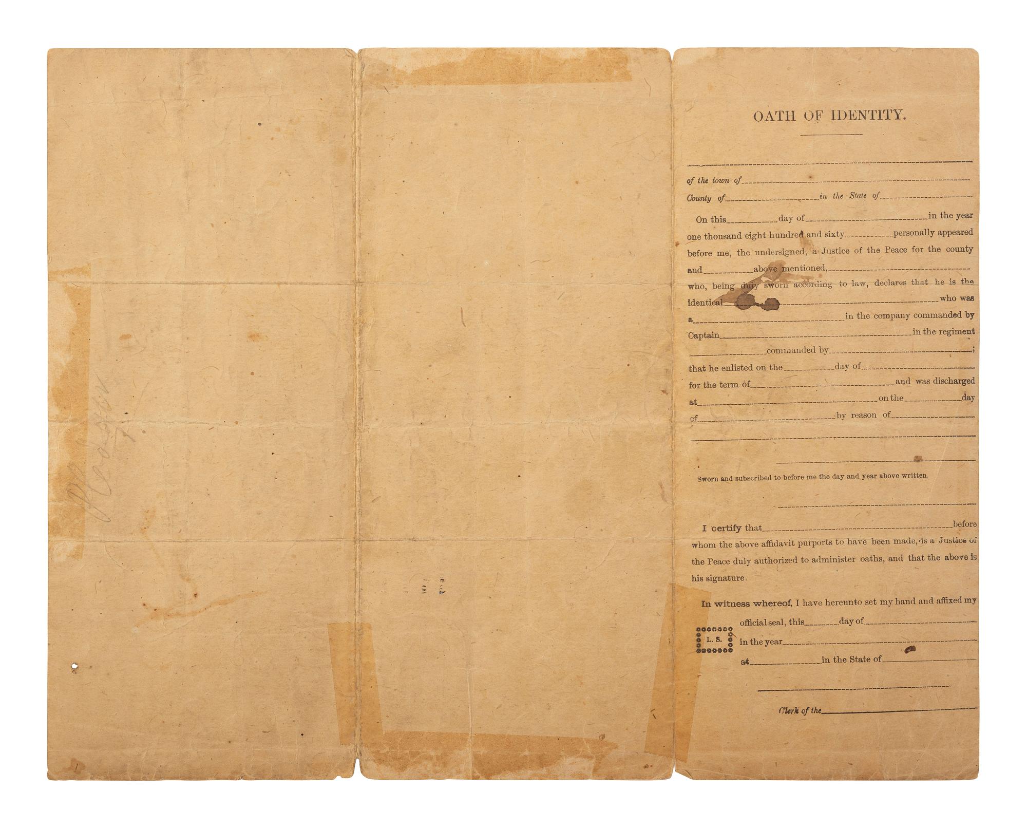 [CIVIL WAR]. Partly printed discharge document for Private. Philip Pledger, Company B, 20th Regiment United States Colored Troops. New Orleans, 1 June 1865.