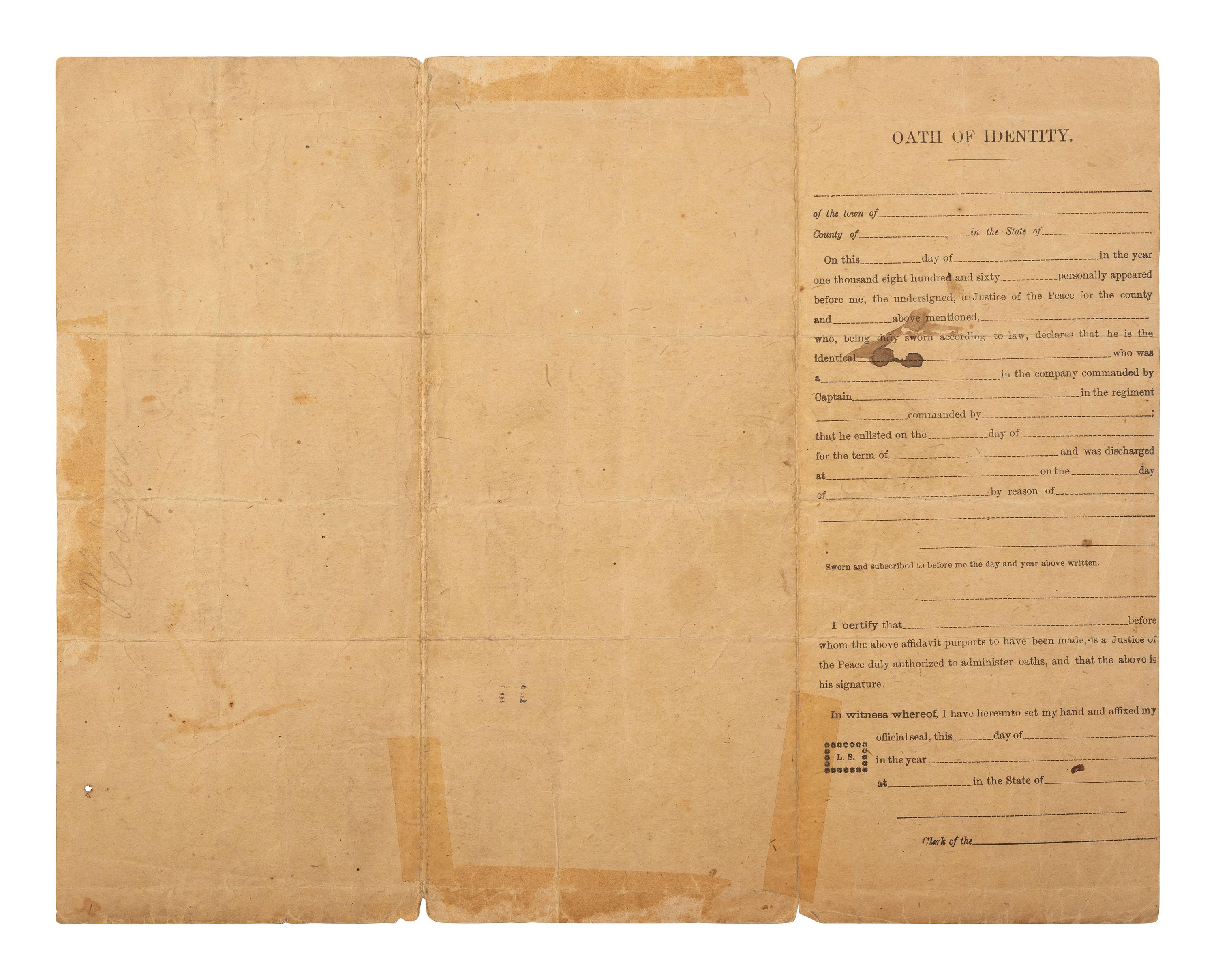 [CIVIL WAR]. Partly printed discharge document for Private. Philip Pledger, Company B, 20th Regiment United States Colored Troops. New Orleans, 1 June 1865.