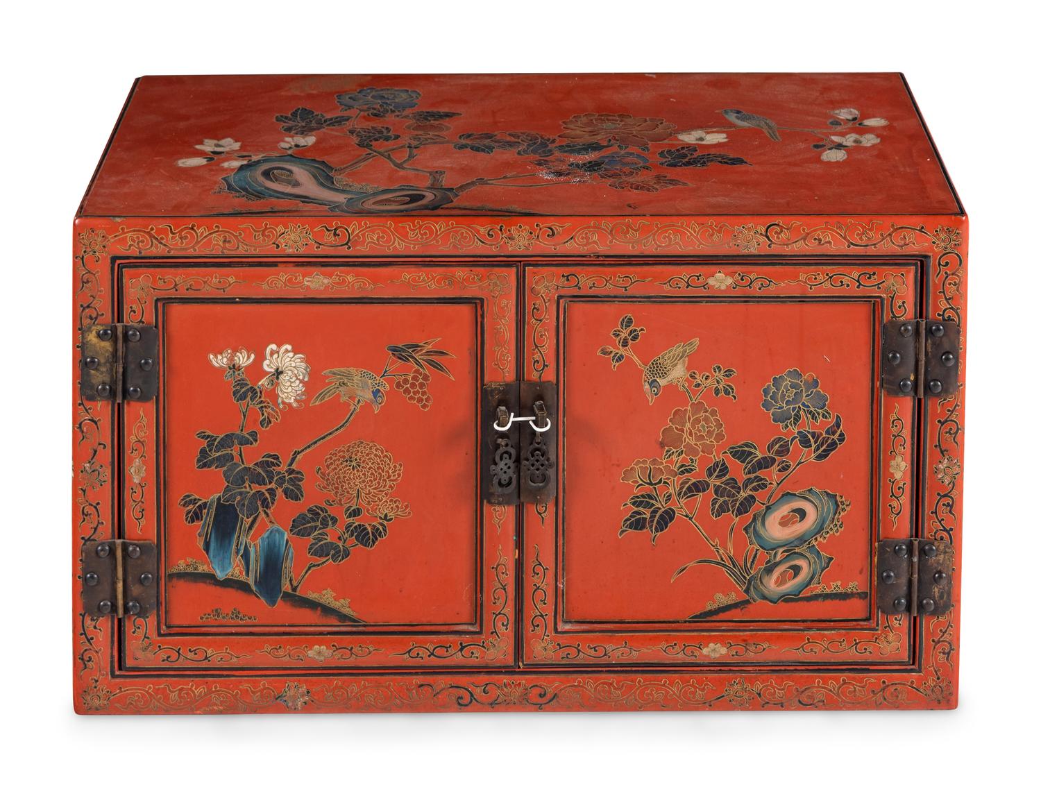 A Chinese Painted and Red Lacquered Chest