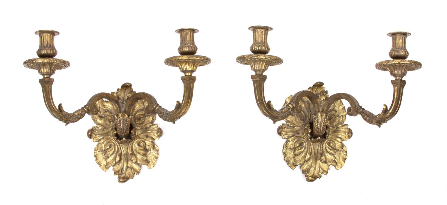A Pair of Louis XV Style Gilt Bronze Two Light Wall Sconces Height 10 1/2 inches. — 19TH CENTURY