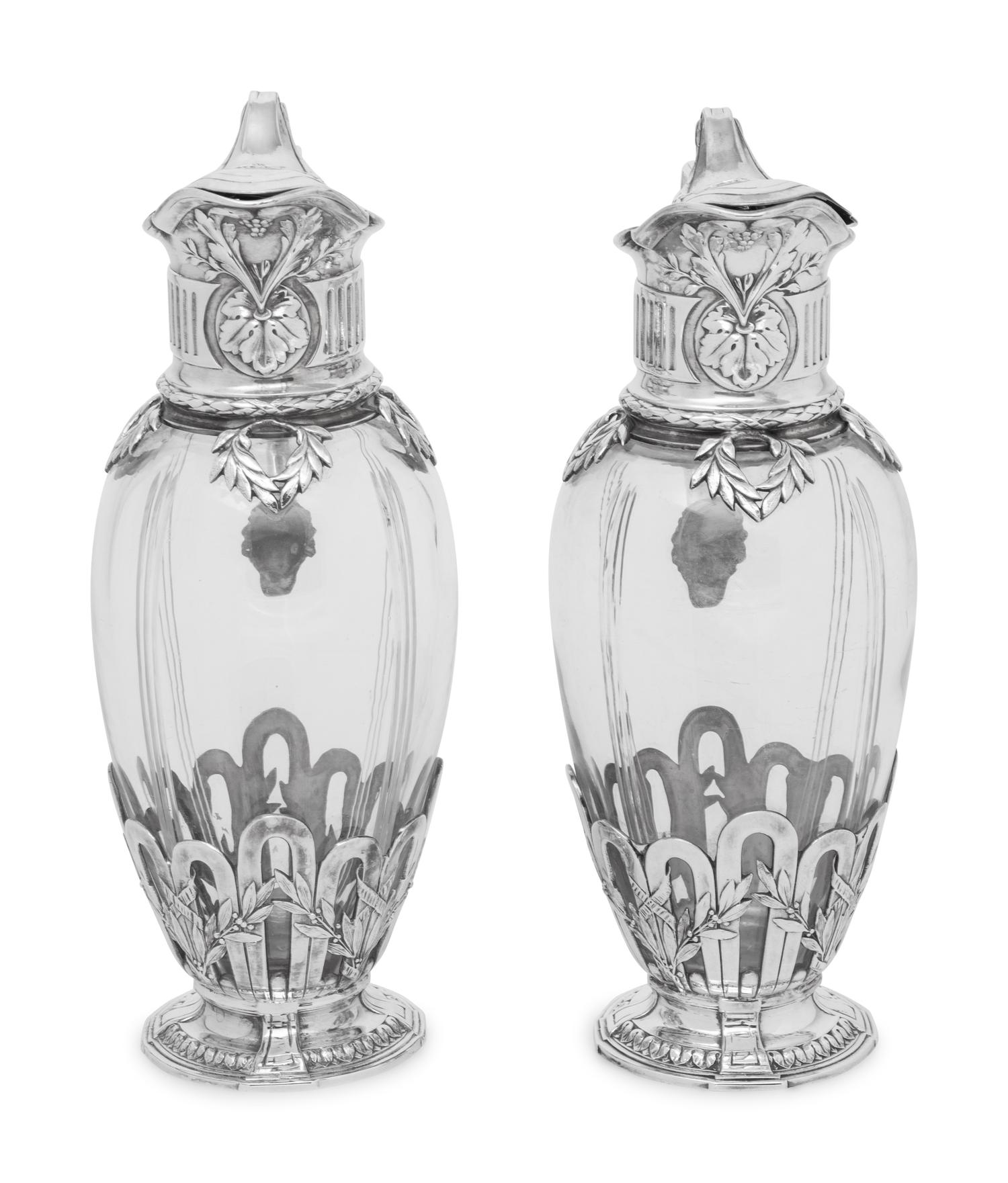 A Pair of Christofle Silver-Plate Mounted Cut Glass Claret Jugs