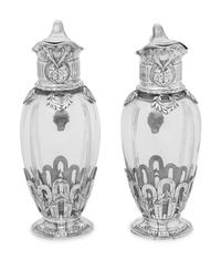 A Pair of Christofle Silver-Plate Mounted Cut Glass Claret Jugs
