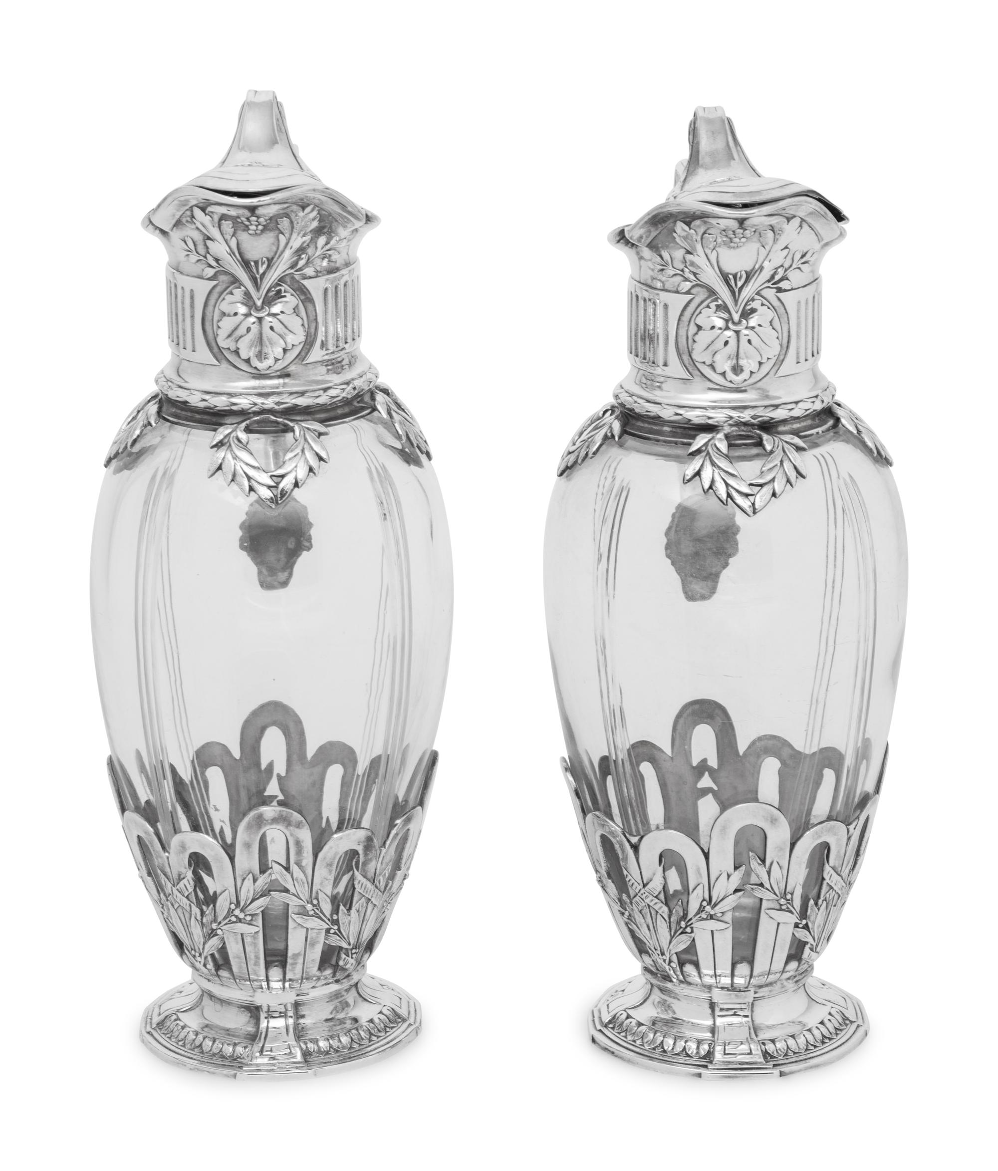 A Pair of Christofle Silver-Plate Mounted Cut Glass Claret Jugs