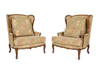 A Pair of Louis XV Style Fruitwood Bergères à Oreilles