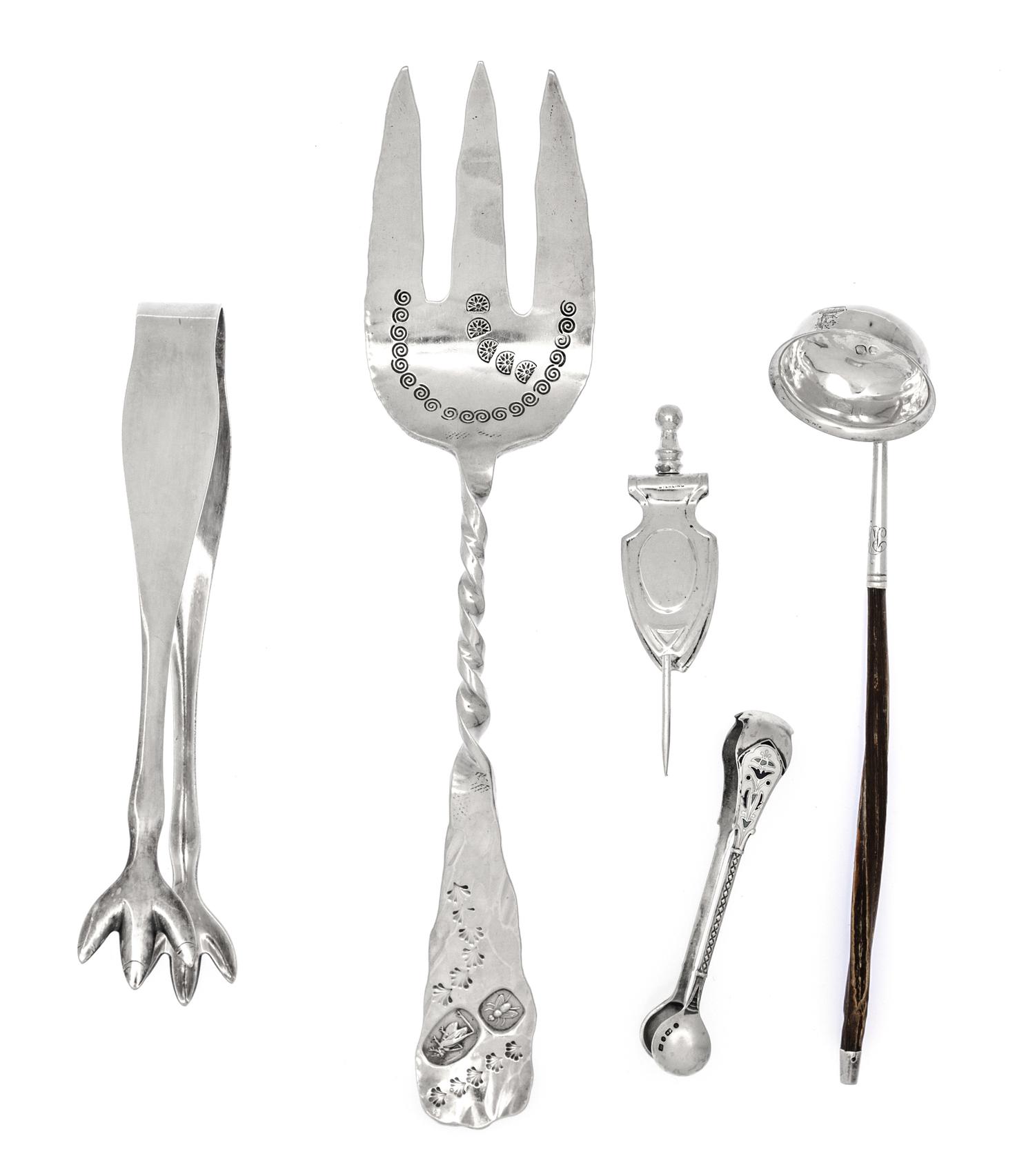 Four American and English Silver Articles, 20th Century, comprising a pair of enameled English sugar tongs, an Engish ladle with wood h