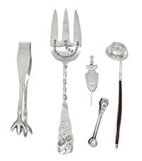 Four American and English Silver Articles, 20th Century, comprising a pair of enameled English sugar tongs, an Engish ladle with wood h