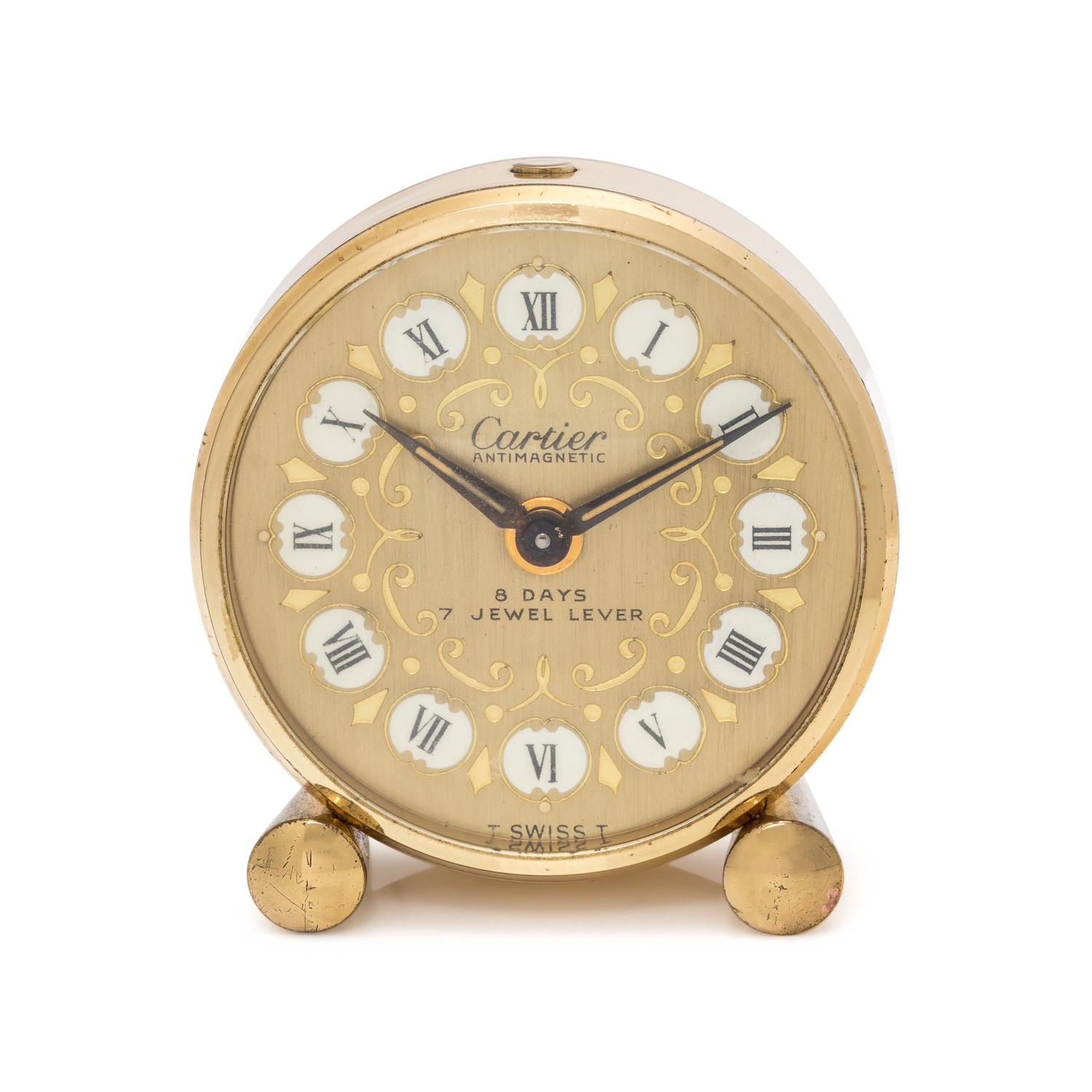 CARTIER, GILT-METAL TRAVEL ALARM CLOCK