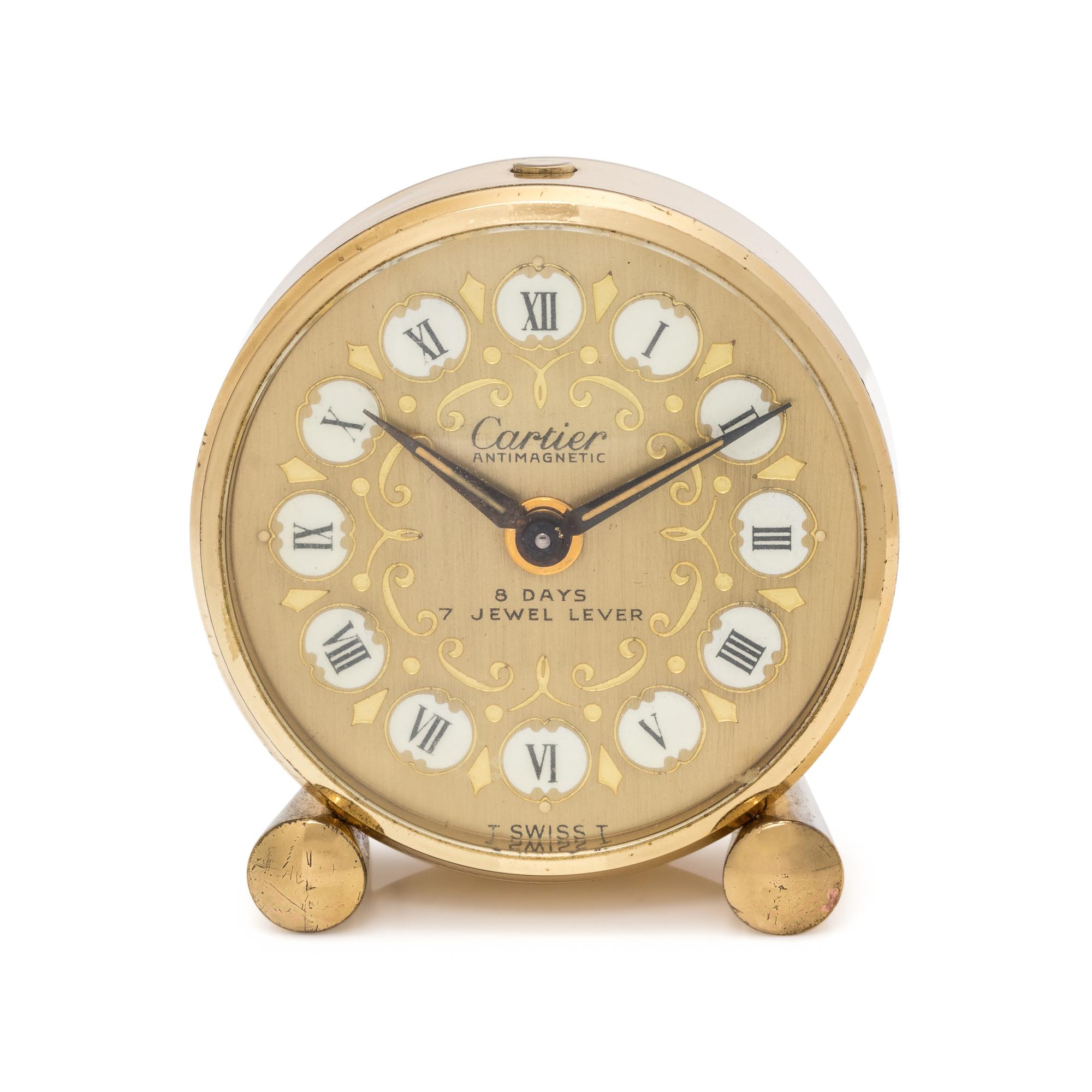 CARTIER, GILT-METAL TRAVEL ALARM CLOCK