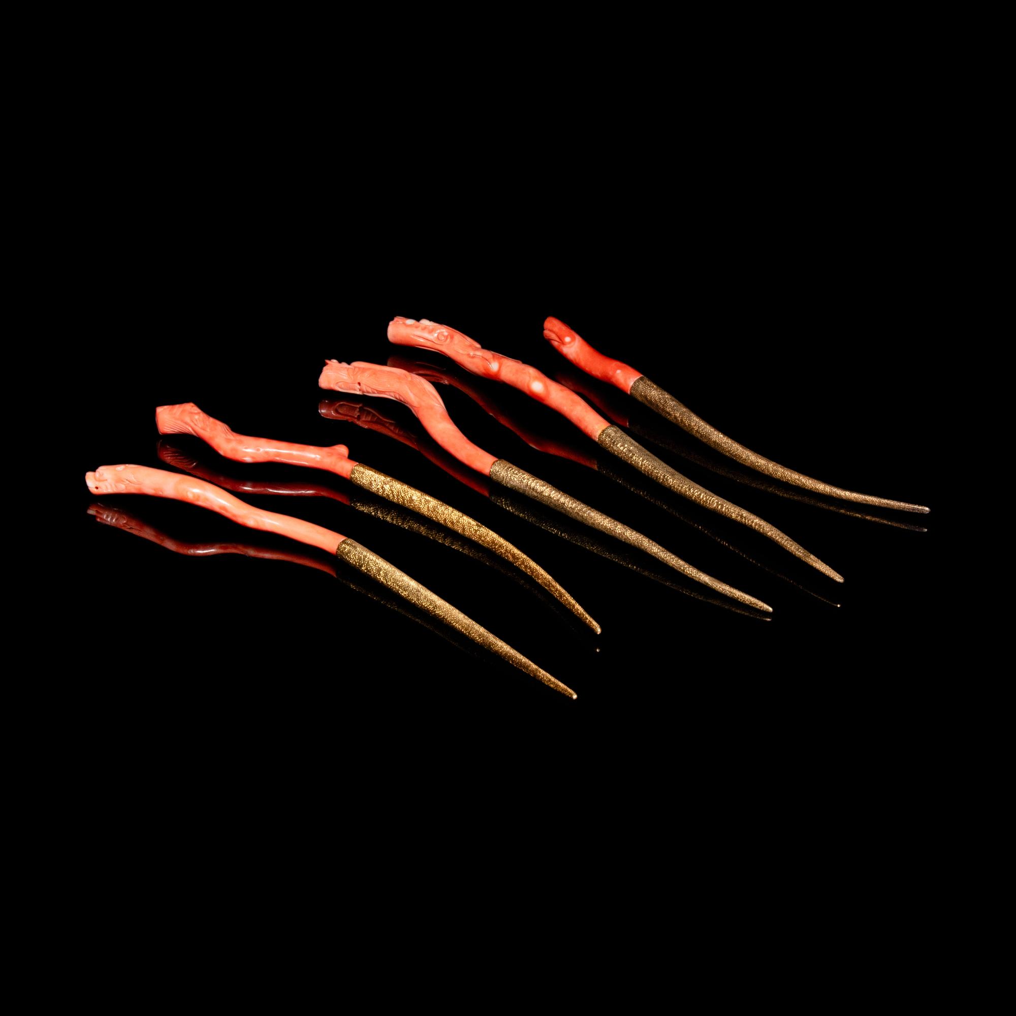 Five Red Coral Mounted 24K Gilt Hairpins, Zan, 20th Century