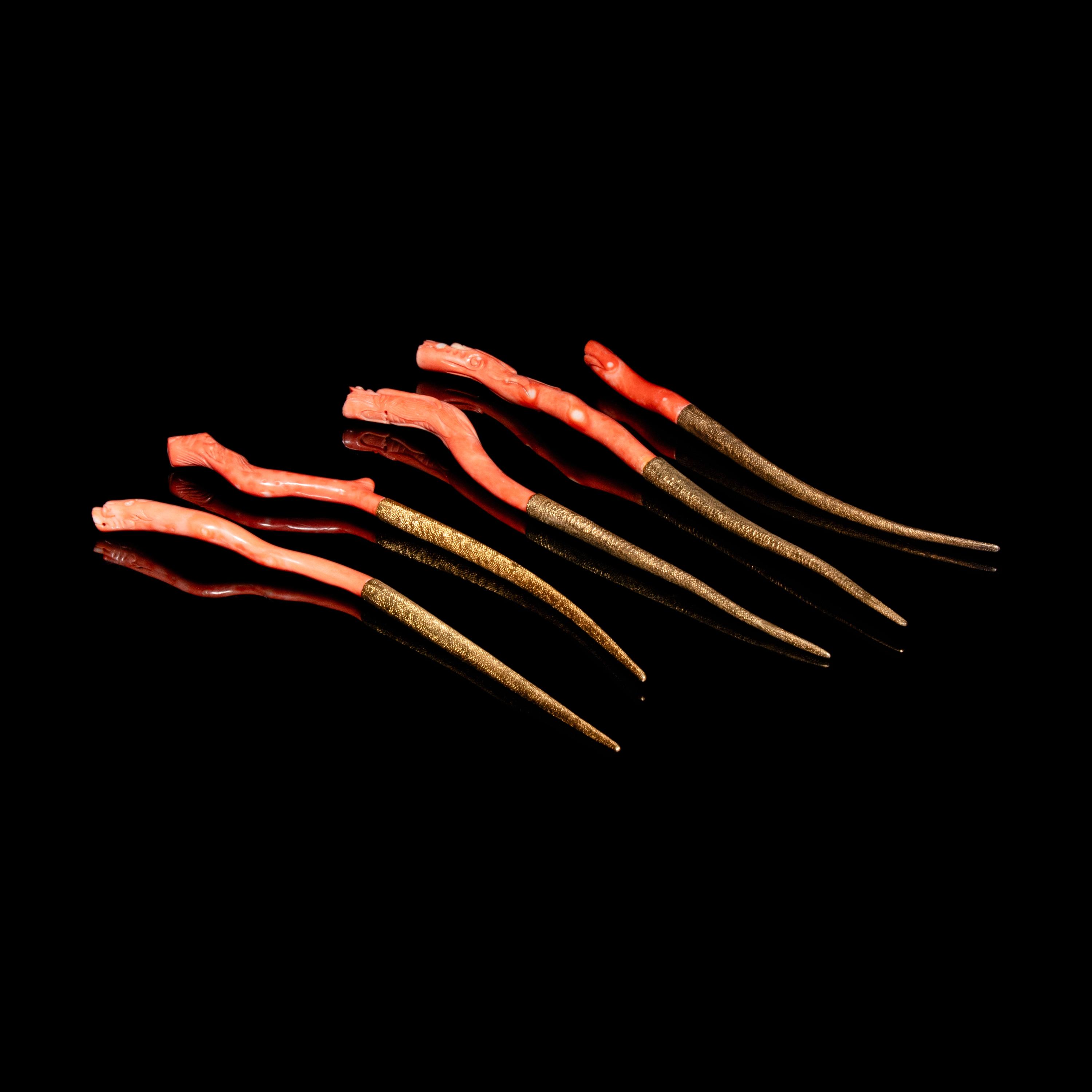 Five Red Coral Mounted 24K Gilt Hairpins, Zan, 20th Century