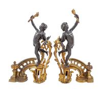 A Pair of Louis XV Style Gilt and Patinated Bronze Figural Chenets