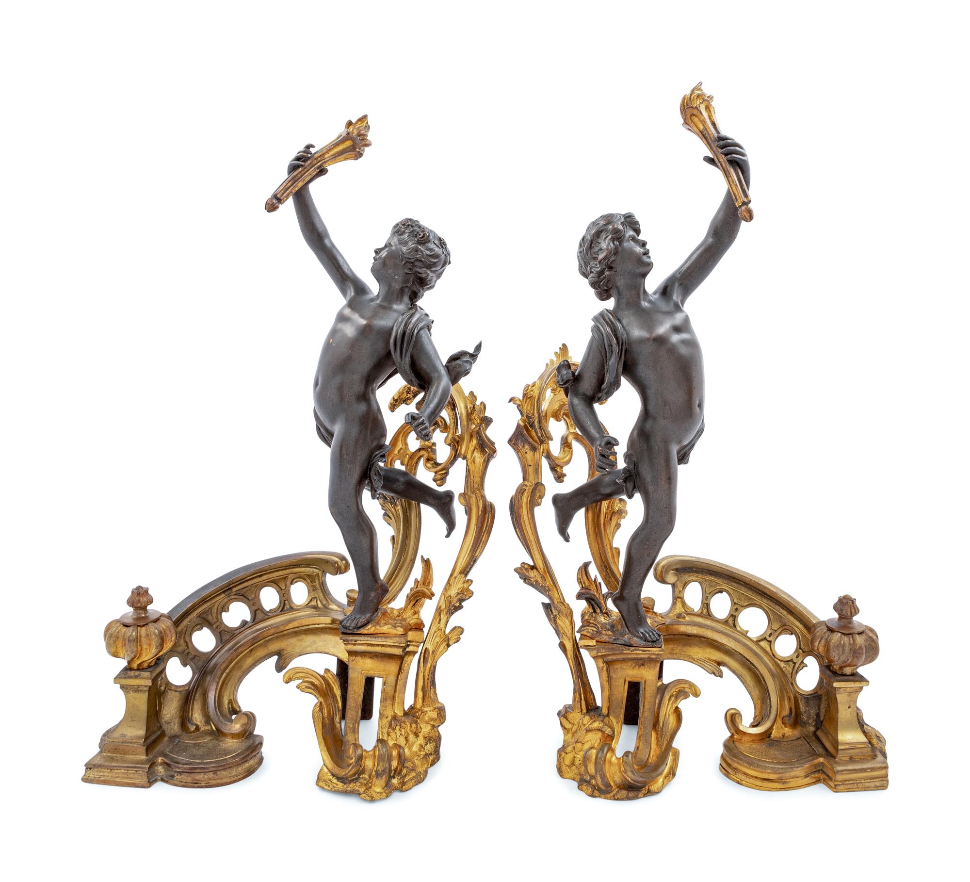 A Pair of Louis XV Style Gilt and Patinated Bronze Figural Chenets