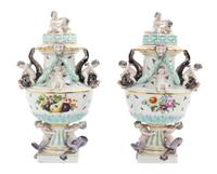 A Pair of Meissen Porcelain Covered Urns, Height 11 inches.