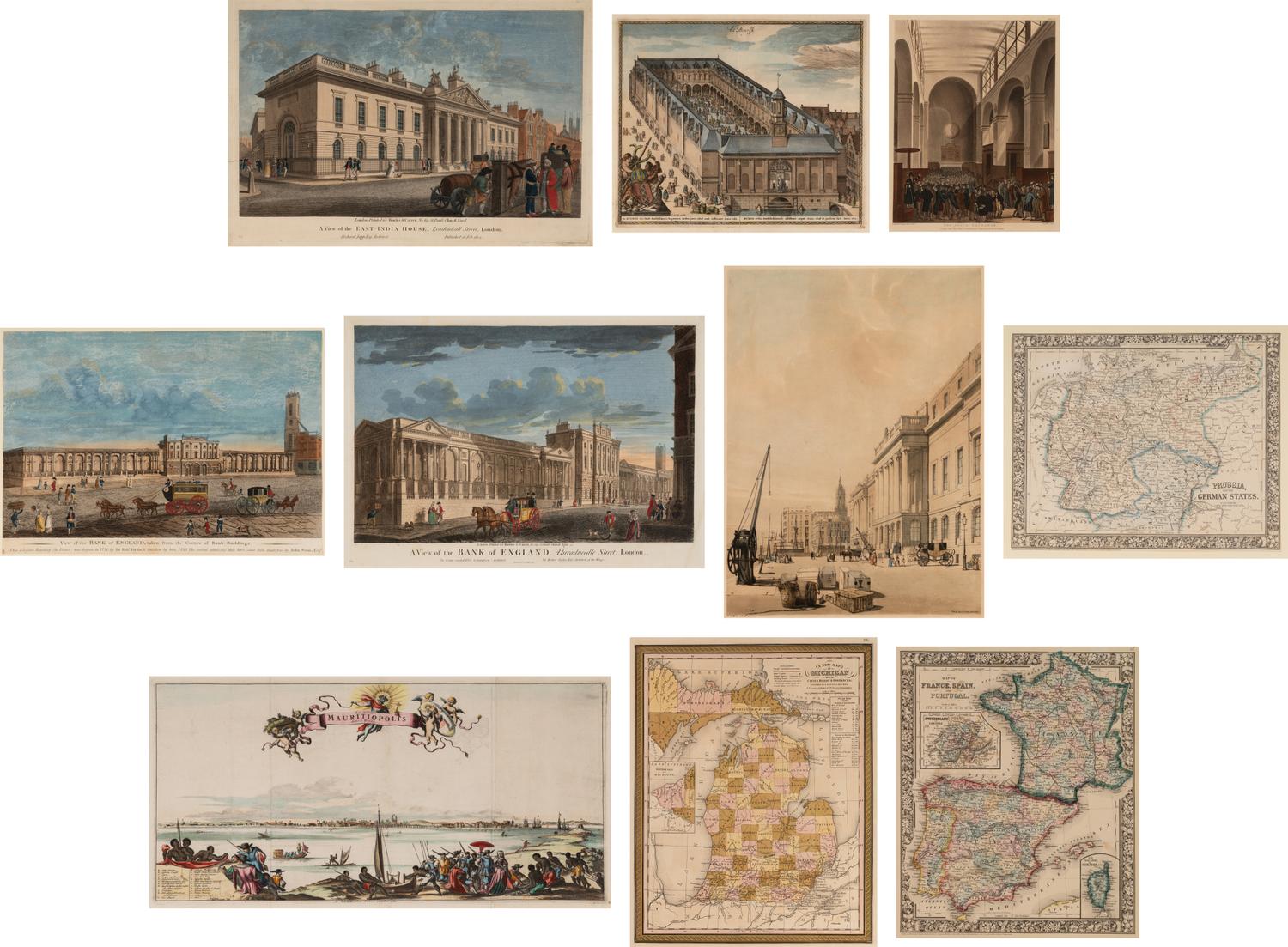 [ENGRAVINGS]. A group of 10 hand-colored views and maps, comprising: