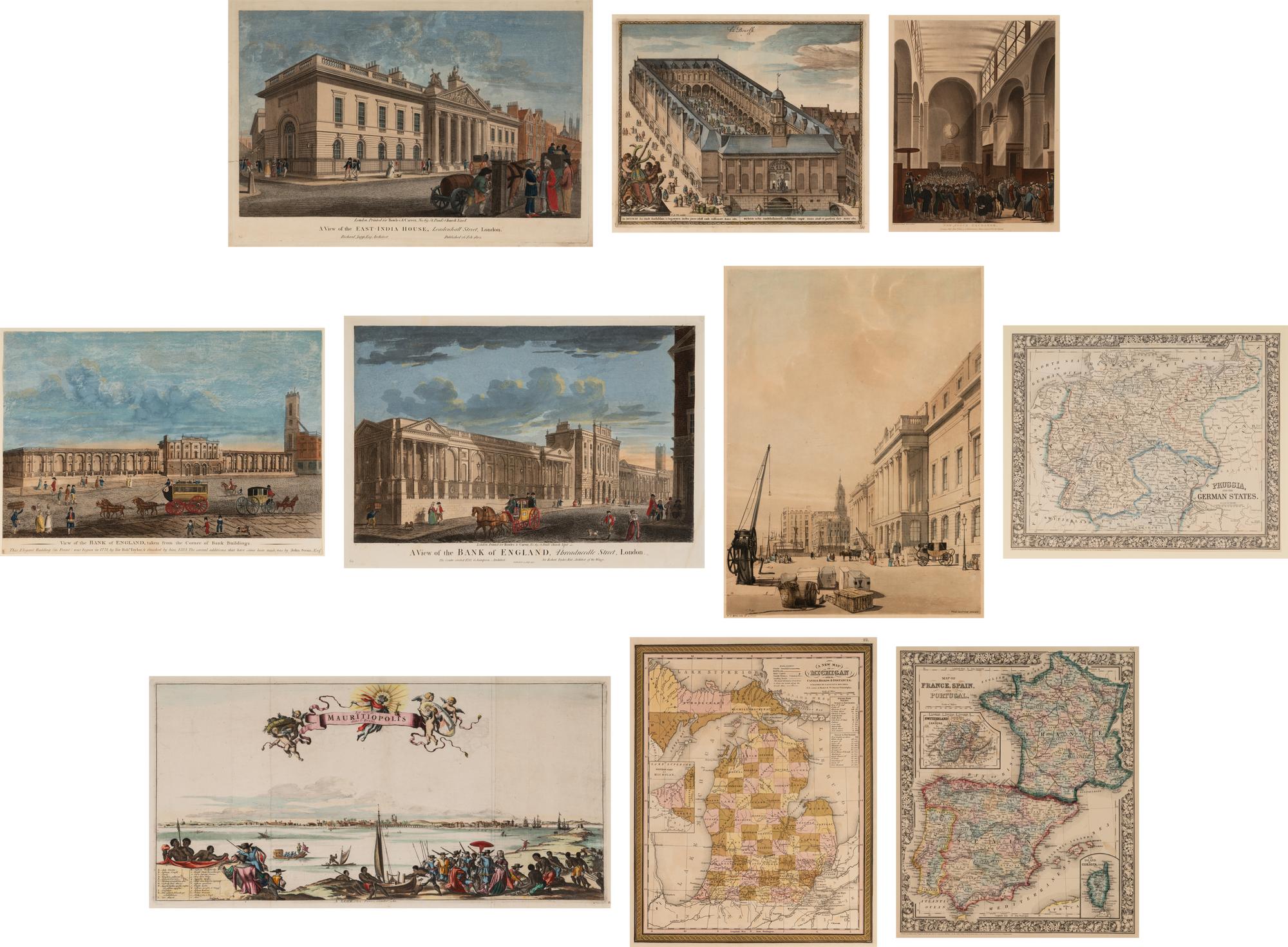 [ENGRAVINGS]. A group of 10 hand-colored views and maps, comprising: