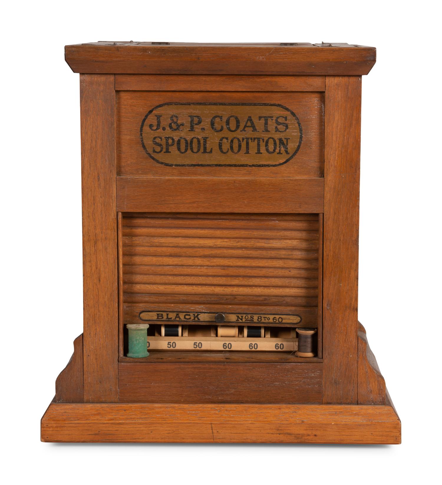 A J. & P. Coats Stenciled Oak Spool Cabinet
