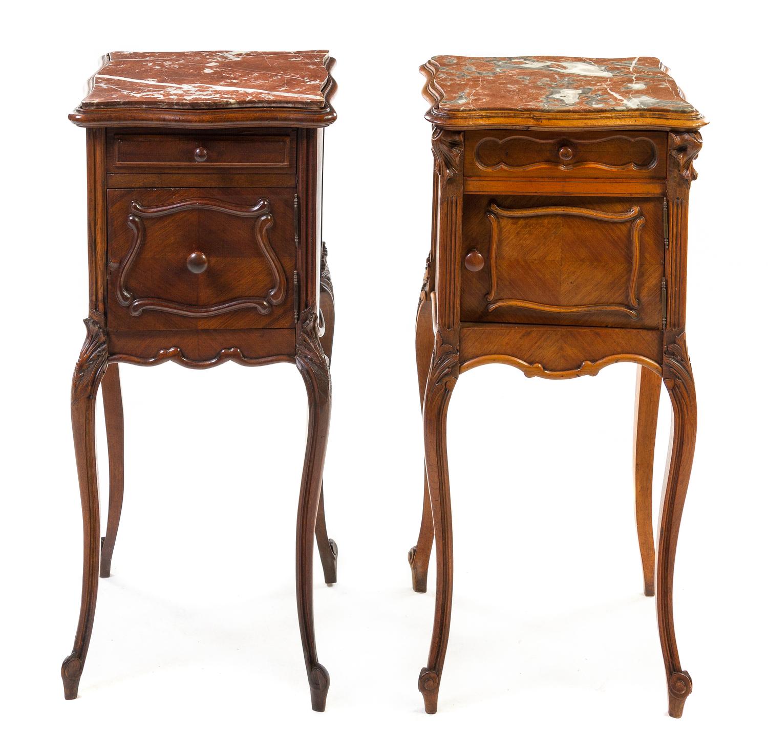 A Near Pair of Louis XV Style Bookmatch Veneered Side Tables, Height 32 x width 15 3/4 x depth 15 1/2 inches.