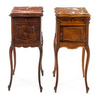 A Near Pair of Louis XV Style Bookmatch Veneered Side Tables, Height 32 x width 15 3/4 x depth 15 1/2 inches.