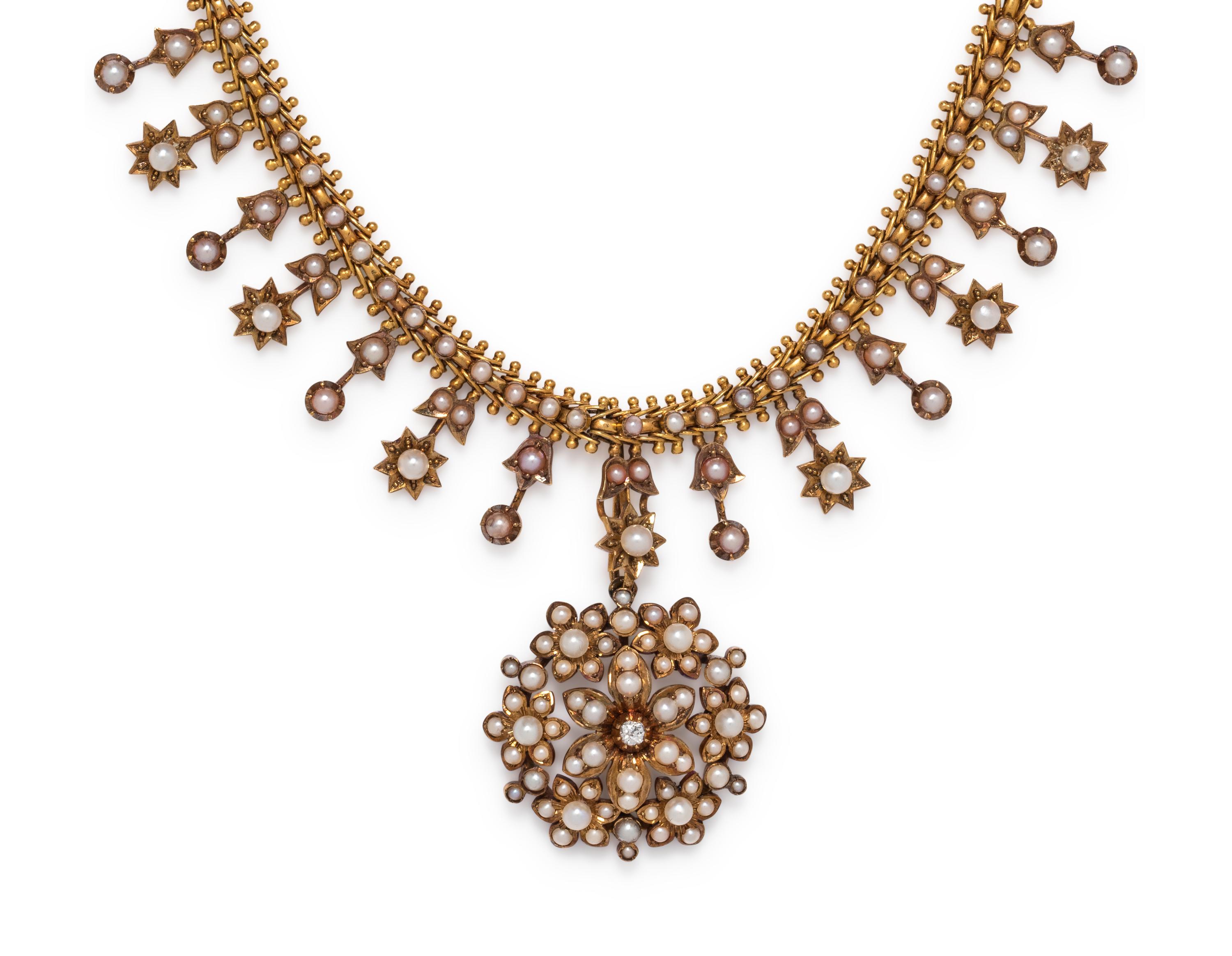 ANTIQUE, YELLOW GOLD AND PEARL CONVERTIBLE NECKLACE