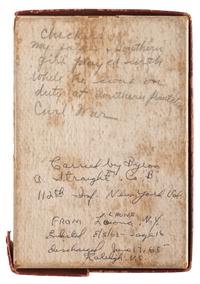 Private Byron A. Straight, Company B, 112th New York Volunteer Infantry. A group of personal effects including Union Army fork and spoon, checkers, and dominoes.