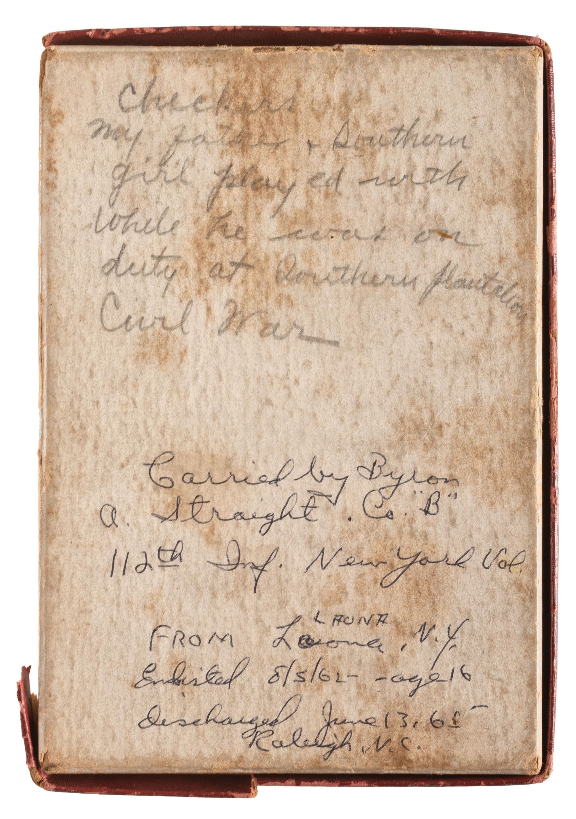 Private Byron A. Straight, Company B, 112th New York Volunteer Infantry. A group of personal effects including Union Army fork and spoon, checkers, and dominoes.